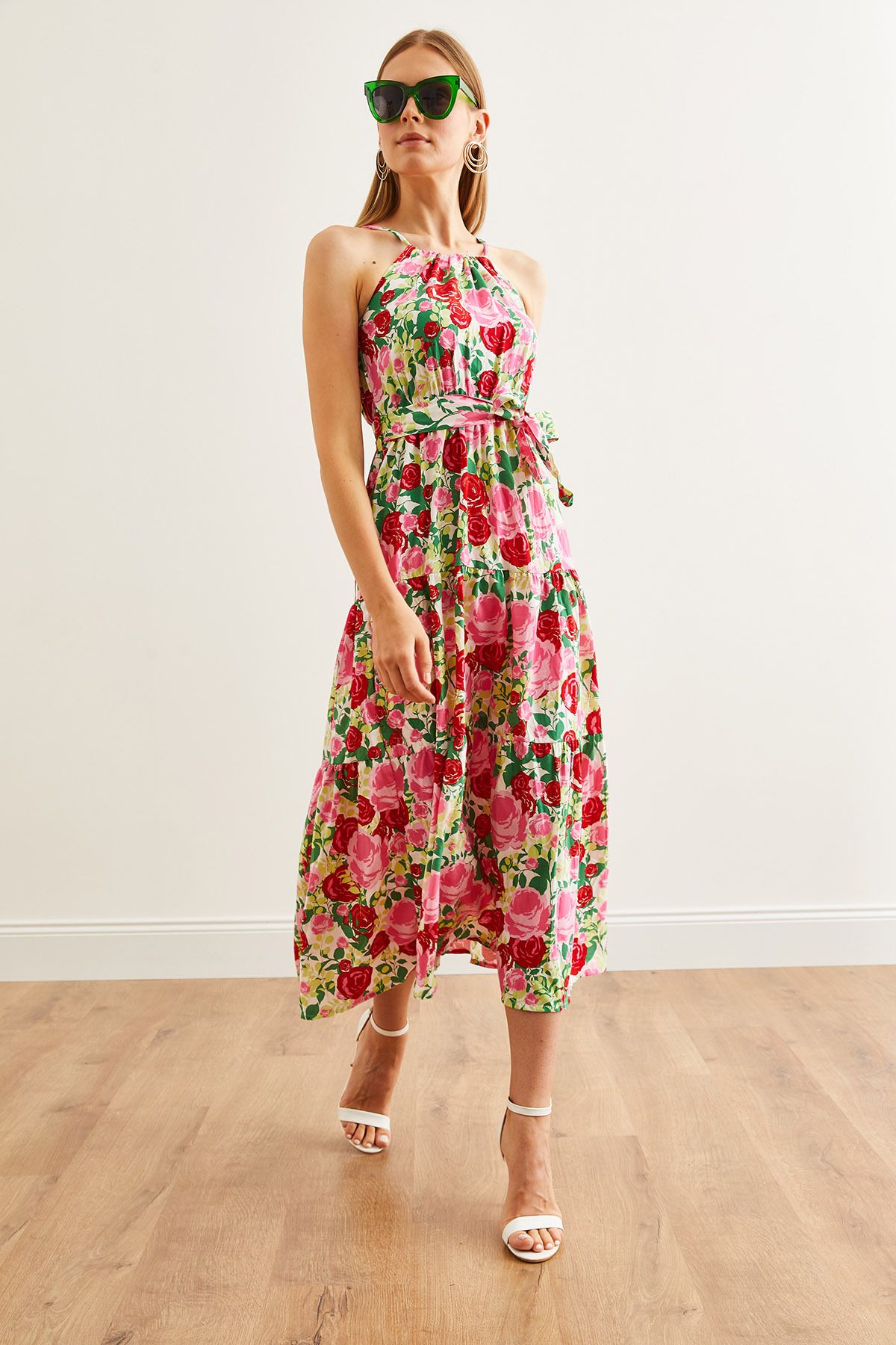 Kadın Gül Pembe Halter Yaka Kuşaklı Dokuma Viscon Elbise ELB-19001548