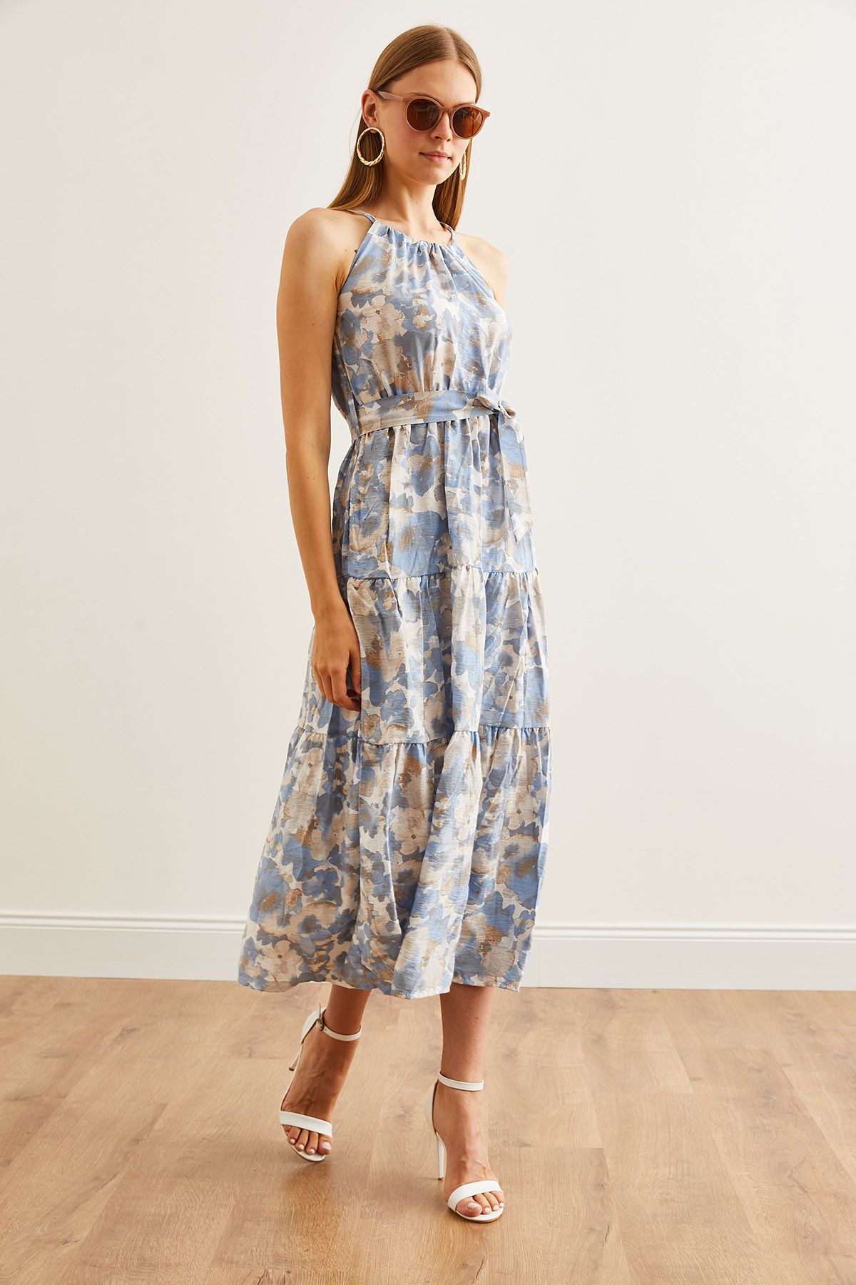Olalook-Ebru Indigo Neckholder-Kleid aus Viskose mit Gürtel - ELB- 19001548 4