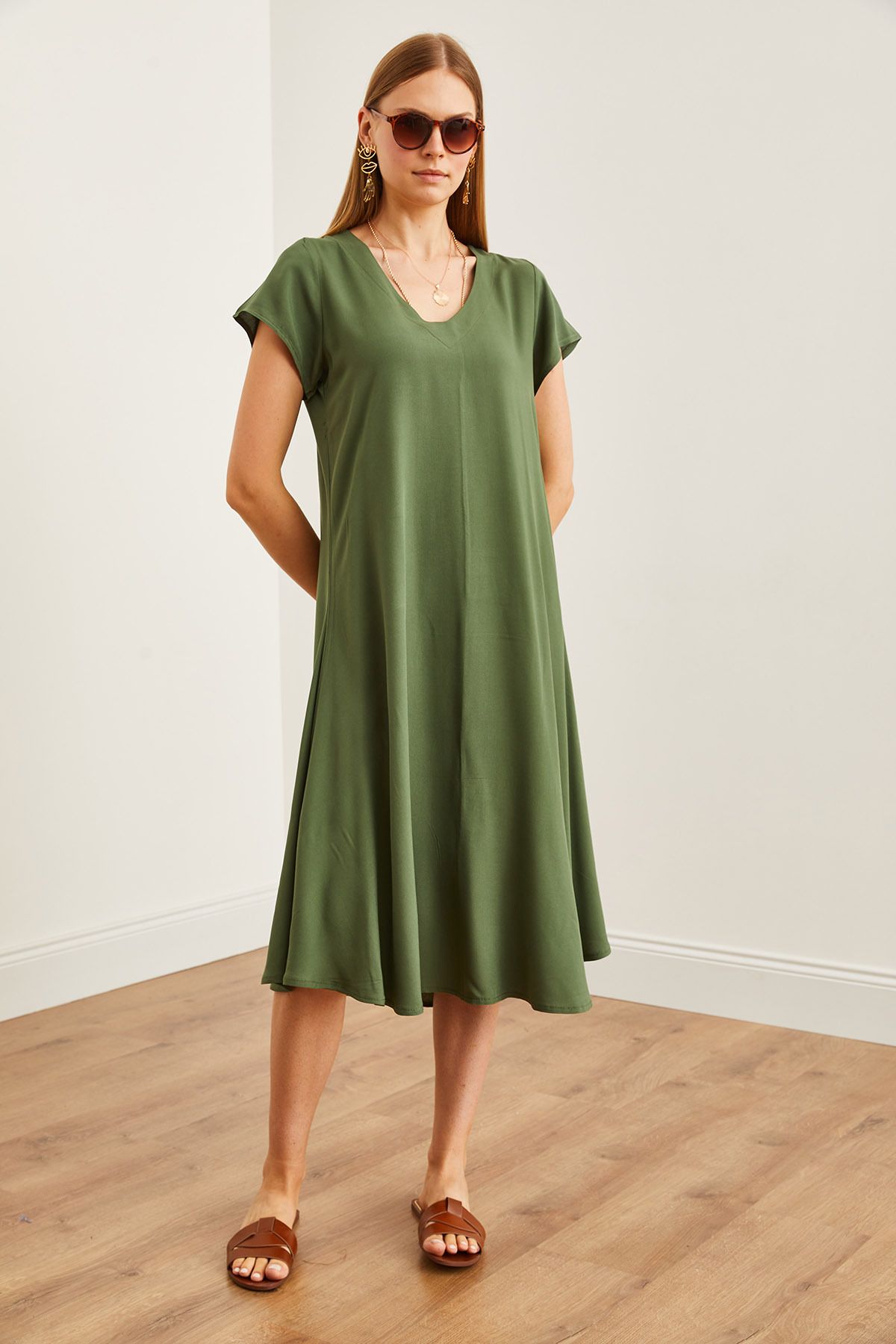 Olalook-KHaki V-neck Viscose Casual γυναικείο φόρεμα - ELB- 19002245 3