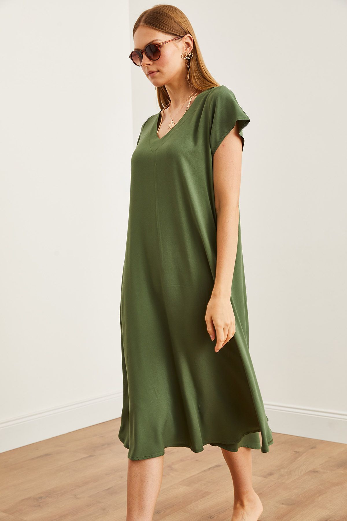 Olalook-KHaki V-neck Viscose Casual γυναικείο φόρεμα - ELB- 19002245 7