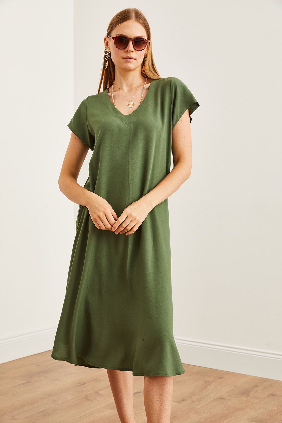 Olalook-KHaki V-neck Viscose Casual γυναικείο φόρεμα - ELB- 19002245 5