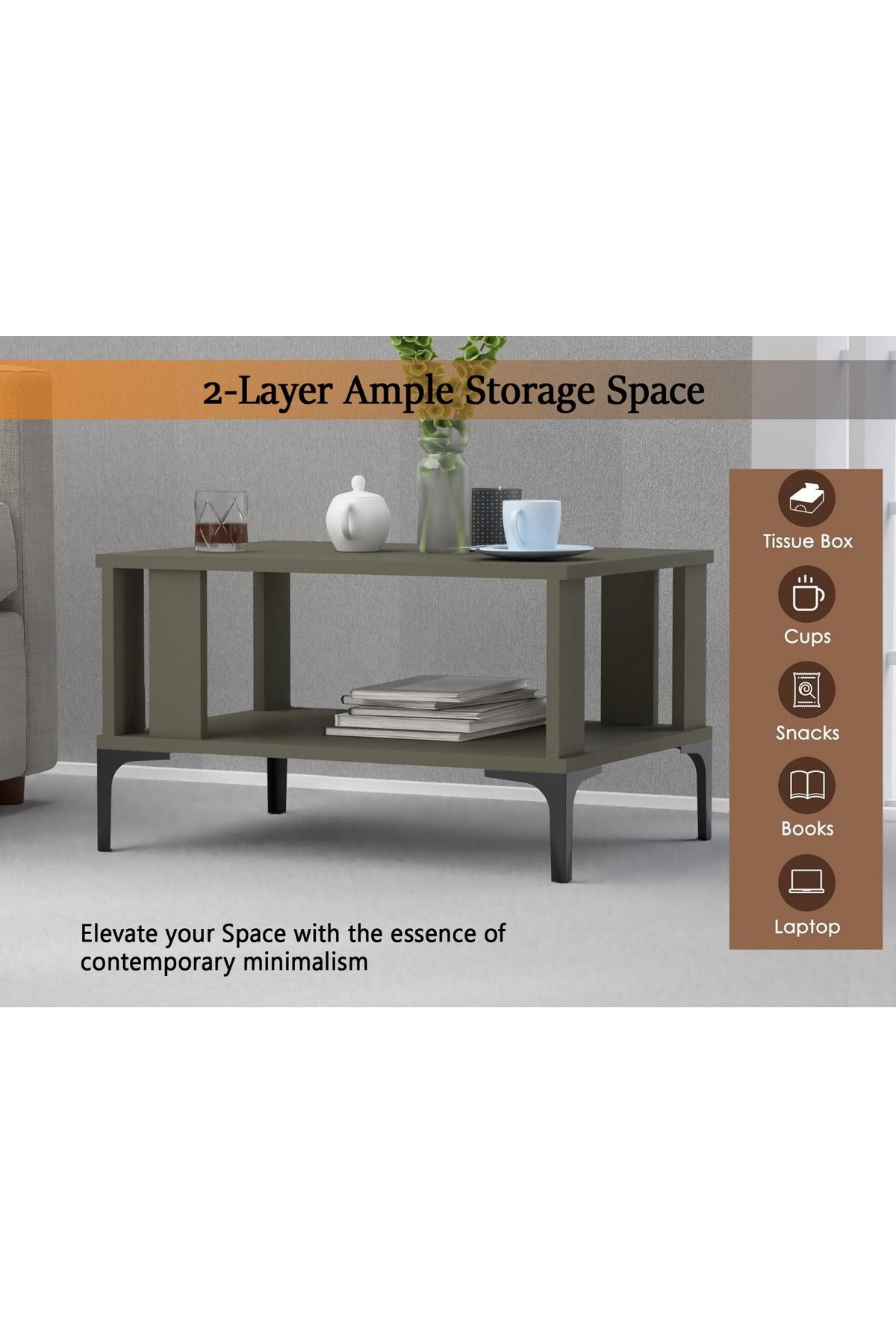 Mahmayi-Modern Coffee Table with Storage Shelf - Durable, Space-Saving, Easy Maintenance, Lava Grey 3