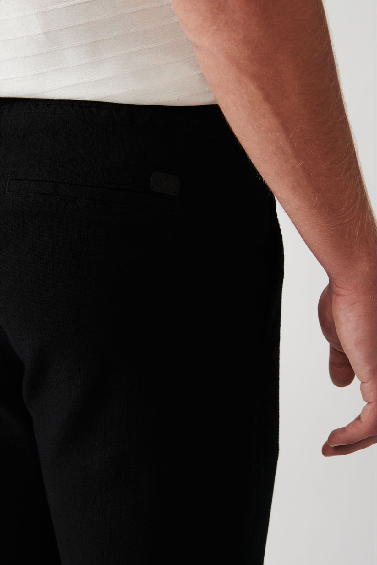 Erkek Siyah Pantolon Yandan Cepli Beli Lastikli Keten Dokulu Relaxed Fit E003052