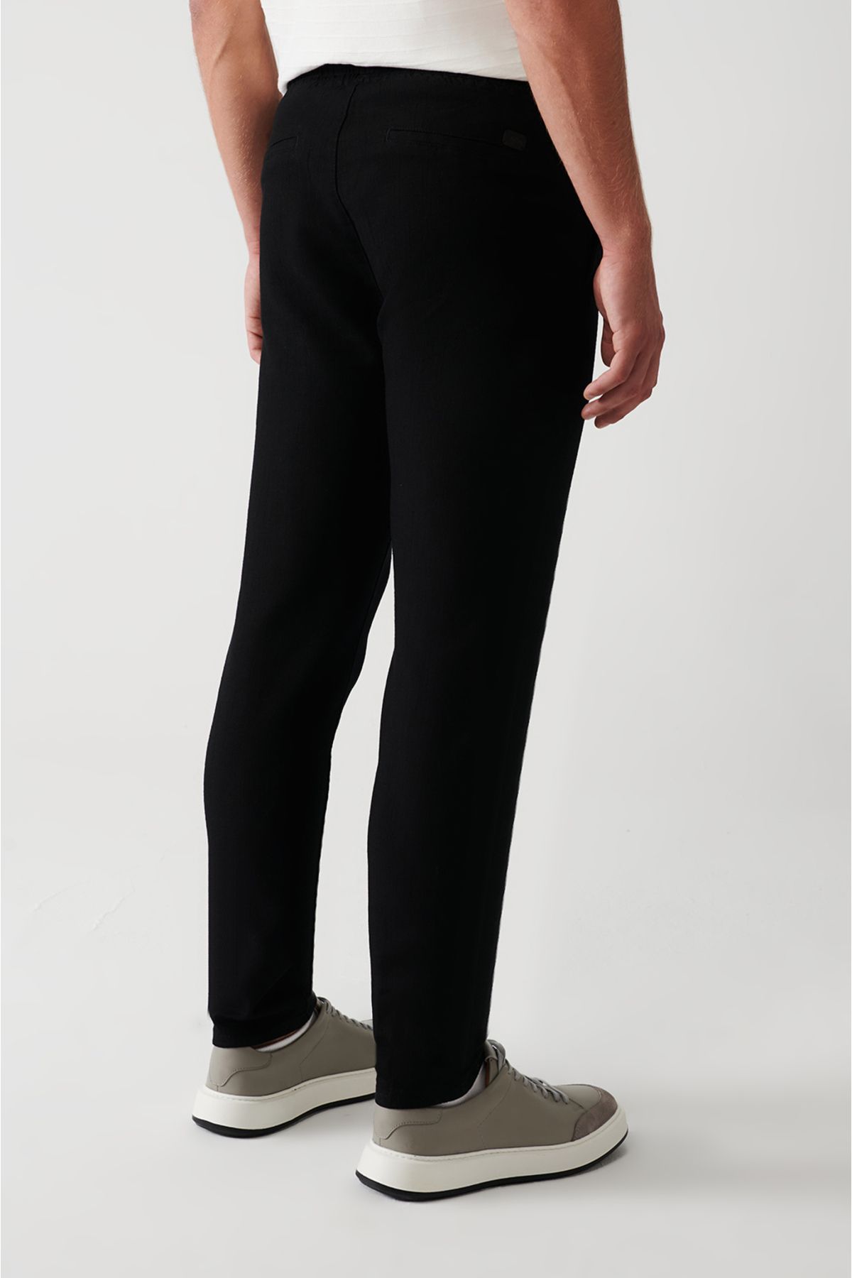 Erkek Siyah Pantolon Yandan Cepli Beli Lastikli Keten Dokulu Relaxed Fit E003052