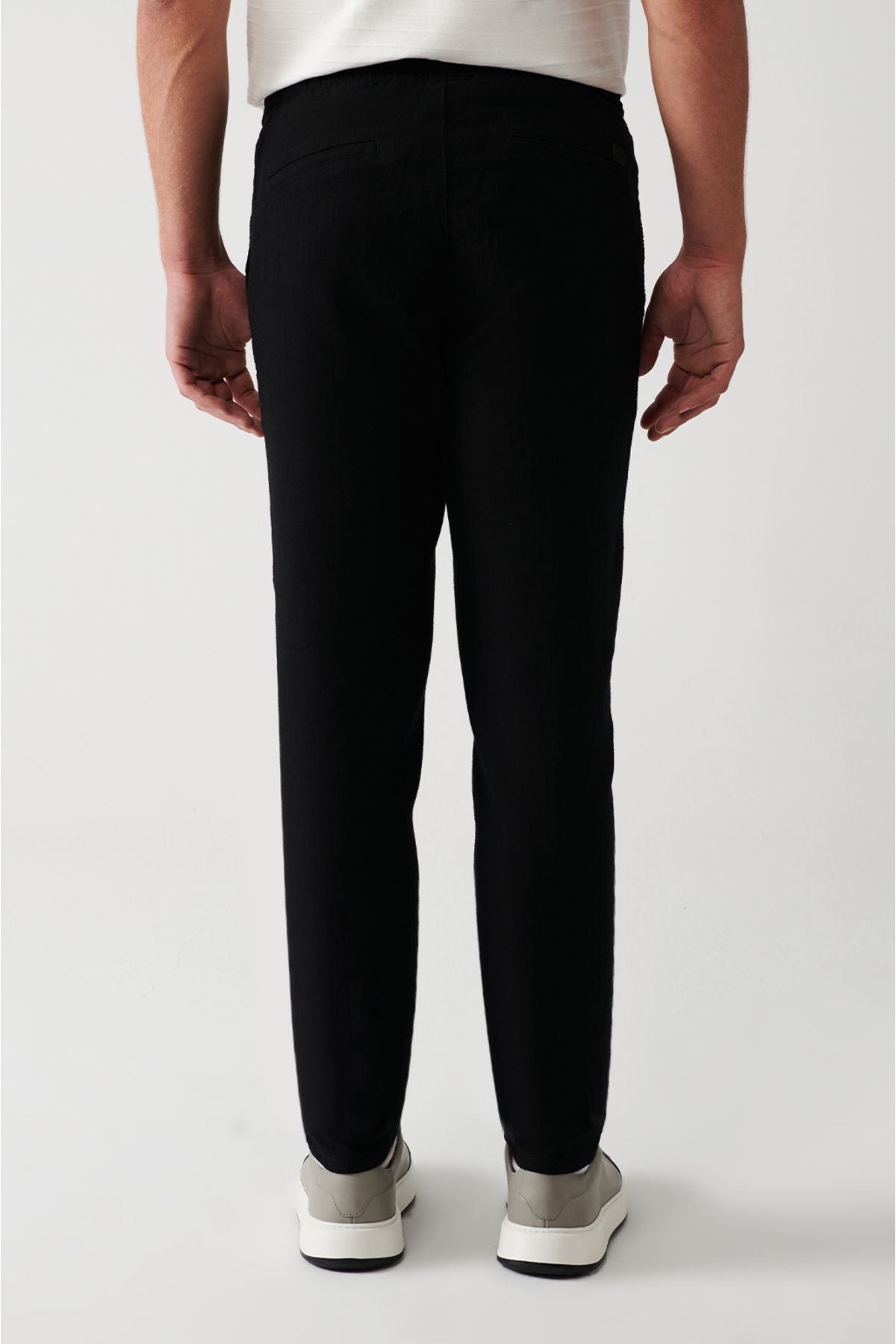 Erkek Siyah Pantolon Yandan Cepli Beli Lastikli Keten Dokulu Relaxed Fit E003052