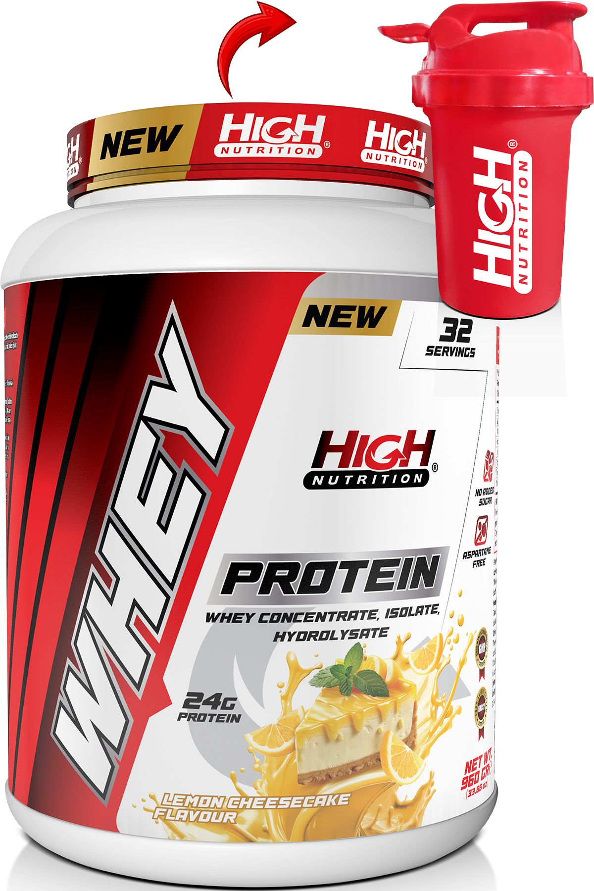 High Nutrition-Lemon Cheesecake Flavored Whey Protein - 960 gr 24 gr 32 Serving Shaker Gift 1