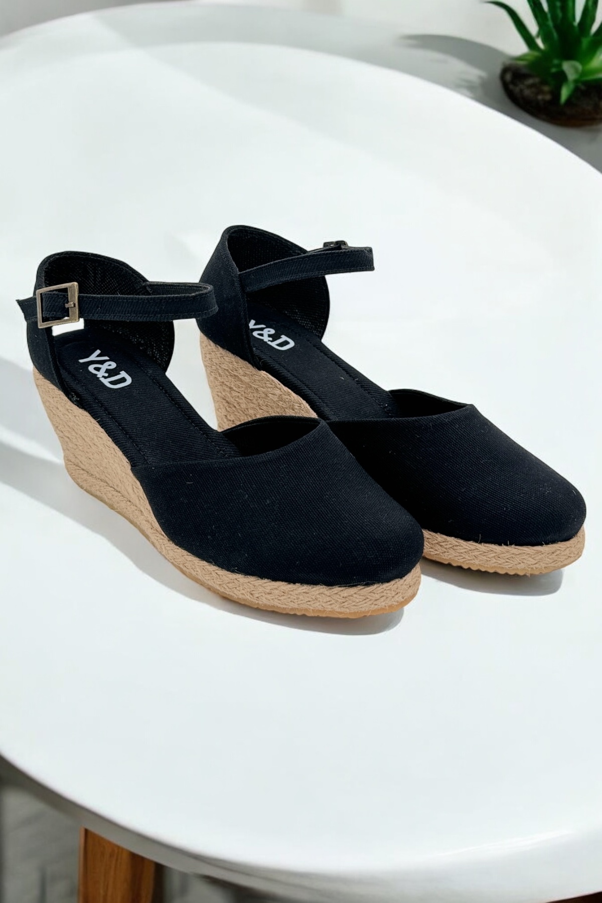 Y&D Shoes Dolgu Topuk Arkası Açık Keten Sandalet görsel 2