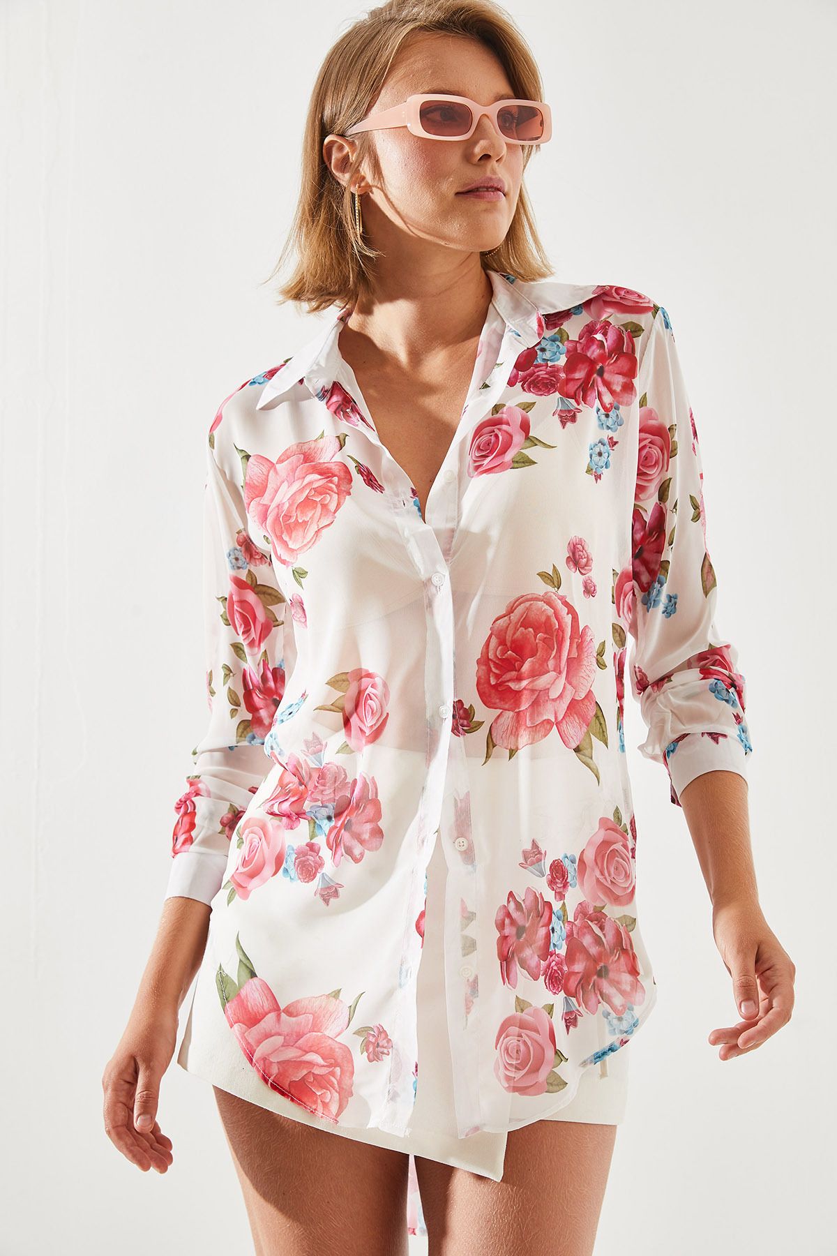Bianco Lucci-Gul Patterned Short Onu Tul Gomlek Long Back 20103 60251742 4