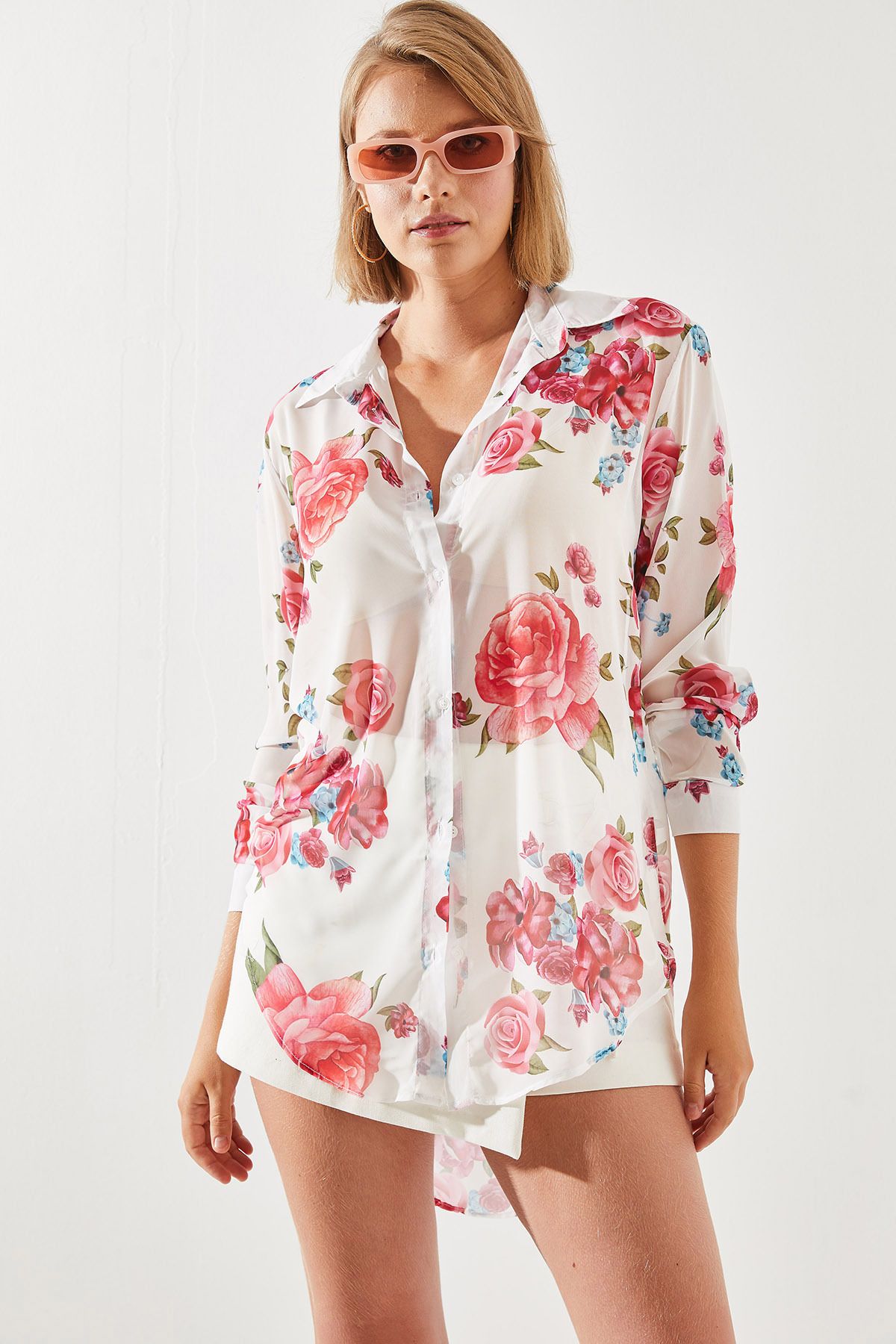 Bianco Lucci-Gul Patterned Short Onu Tul Gomlek Long Back 20103 60251742 6