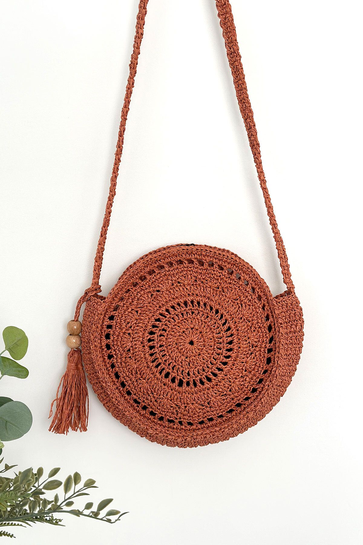 BECCASTYLE-Brick Color Round Bag - Macrame, Bohemian, Tasseled Straw and Knitted Crossbody Bag 6