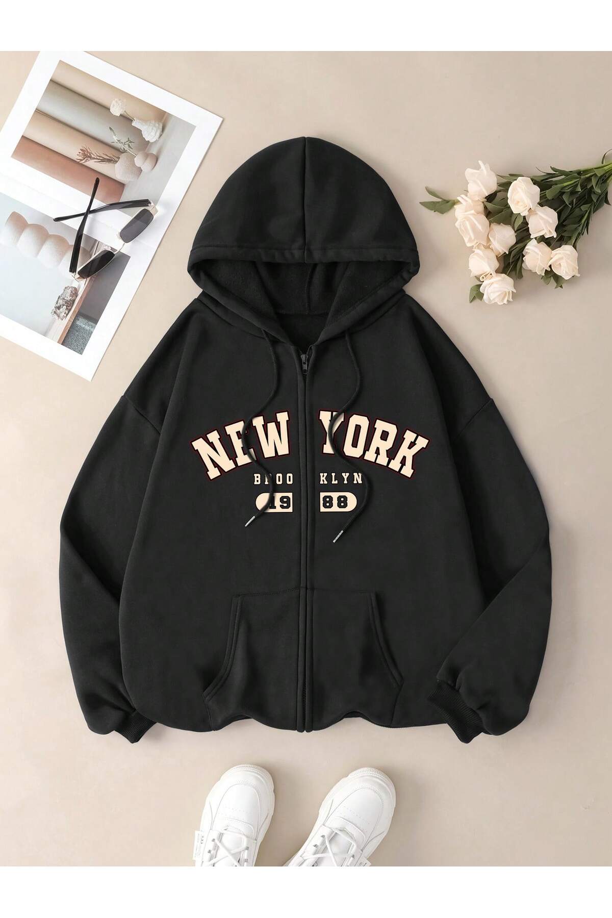 MODARİCH New York 1988 Sweatshirt - Siyah Baskılı Kışlık Oversize Kapüşonlu Fermuarlı Hırka