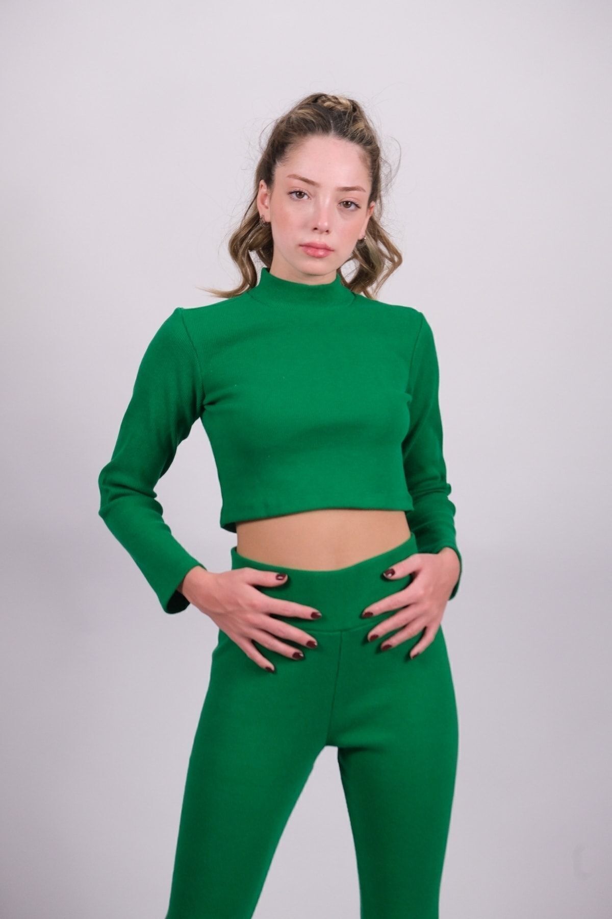 Toptan | Yeşil Selanik Boğazlı Uzun Kollu Crop| Mk22s266236