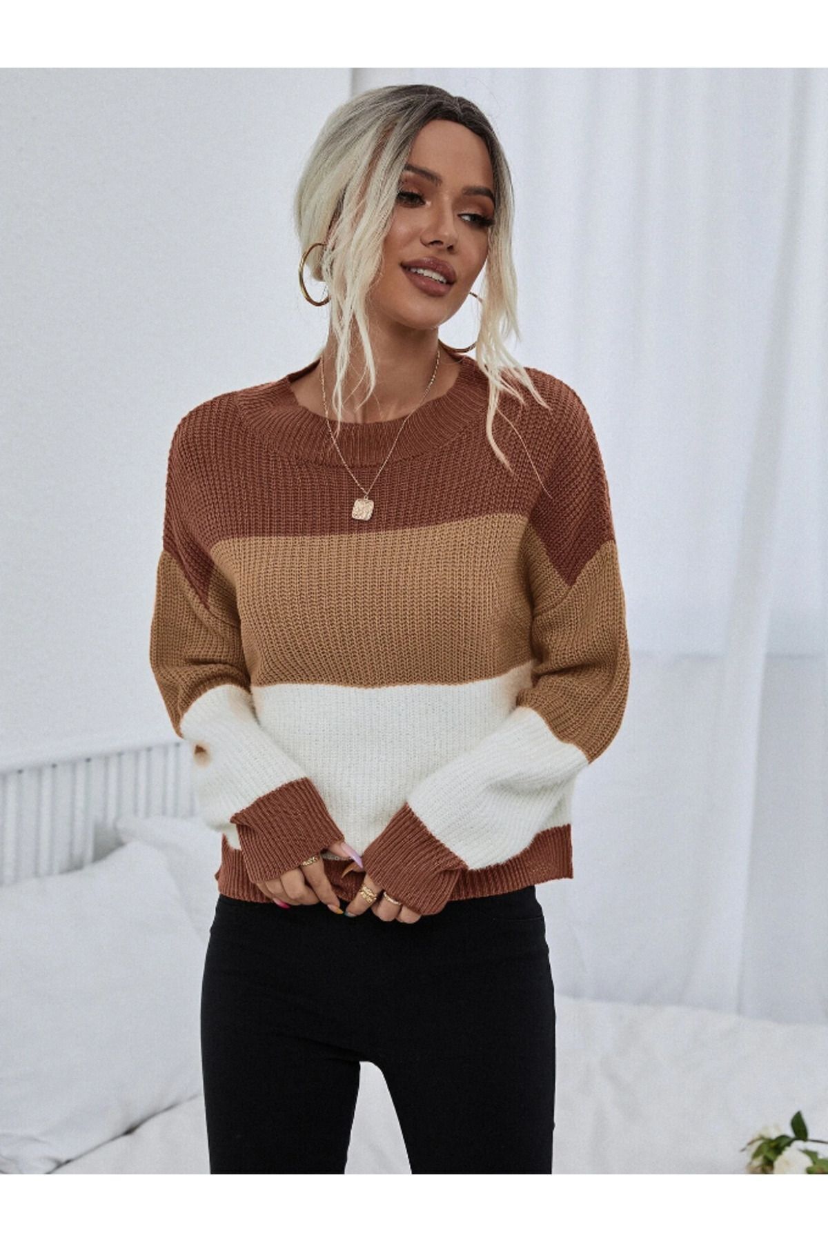 Dier Moda  Dier Moda Kadın Oversize Çizgili Triko Kazak, Çizgili Kazak - Görsel 4