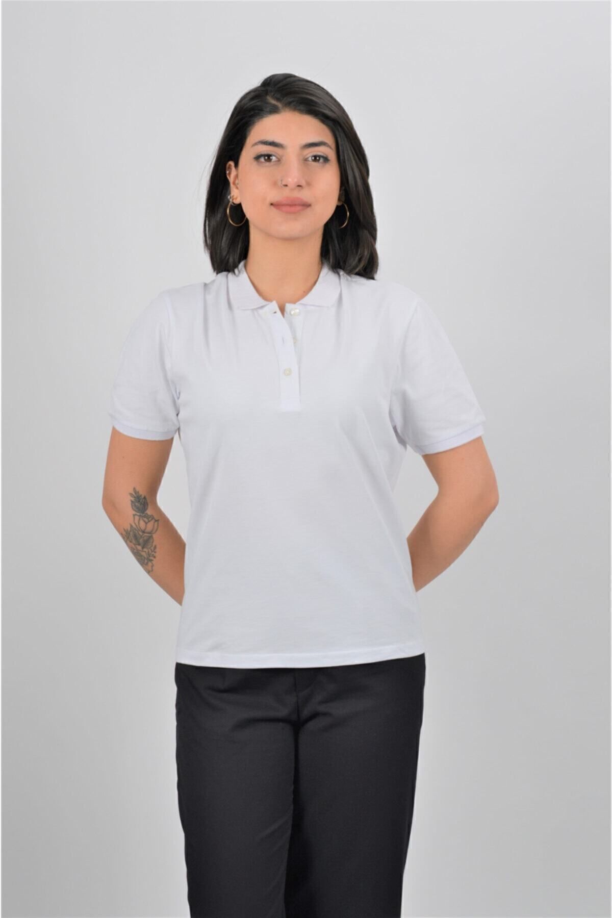 Toptan | Beyaz Polo Yaka Kadın T-shırt| Mk21s265275-5275