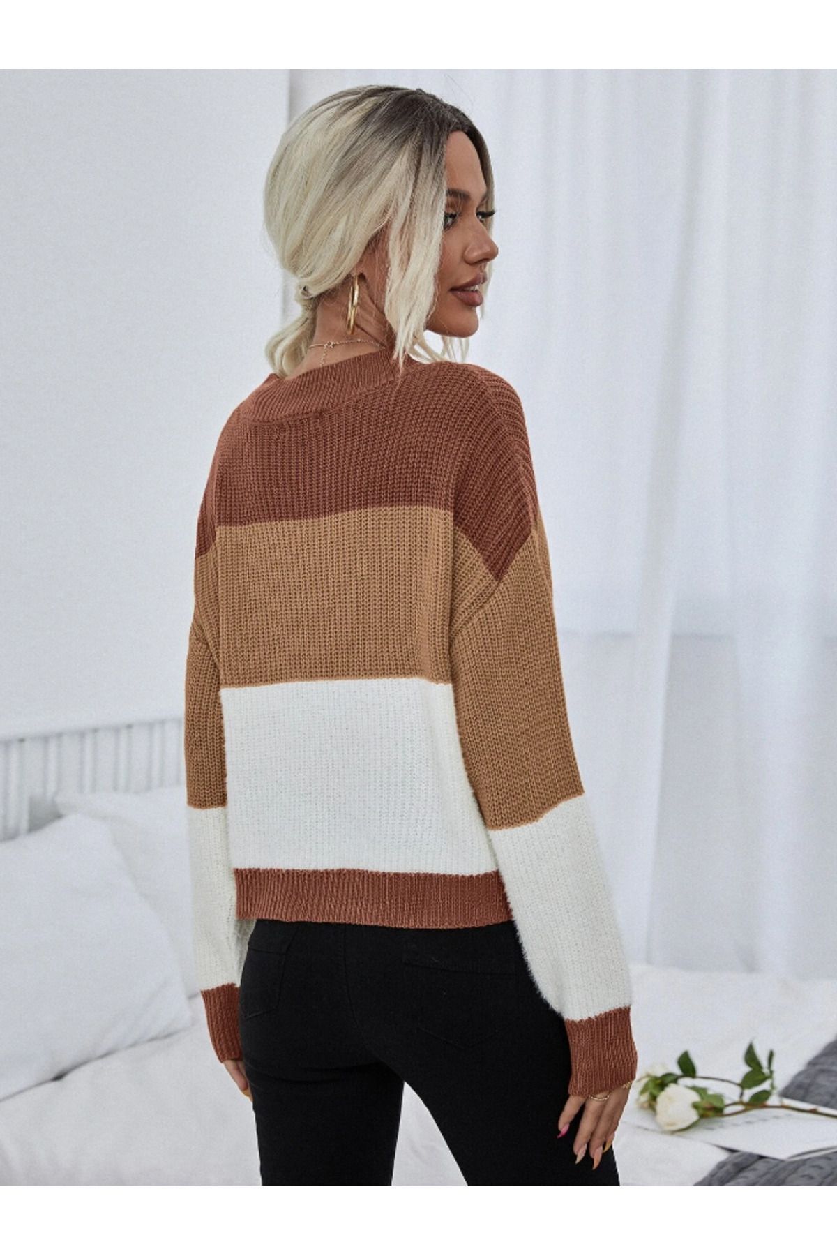 Dier Moda  Dier Moda Kadın Oversize Çizgili Triko Kazak, Çizgili Kazak - Görsel 2