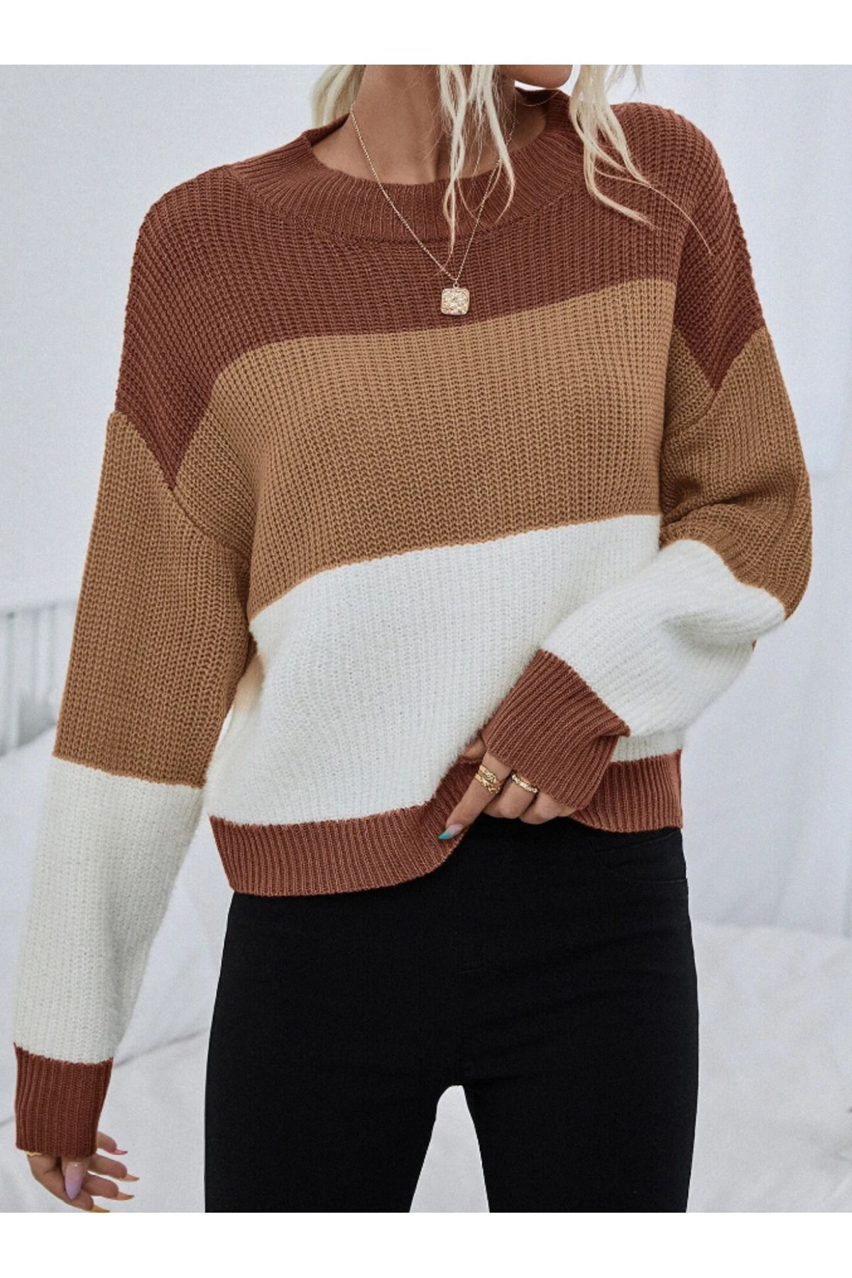 Dier Moda  Dier Moda Kadın Oversize Çizgili Triko Kazak, Çizgili Kazak - Görsel 3