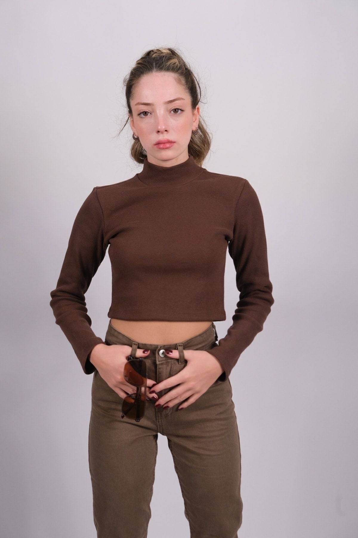 Toptan | Kahve Selanik Boğazlı Uzun Kollu Crop| Mk22s266236