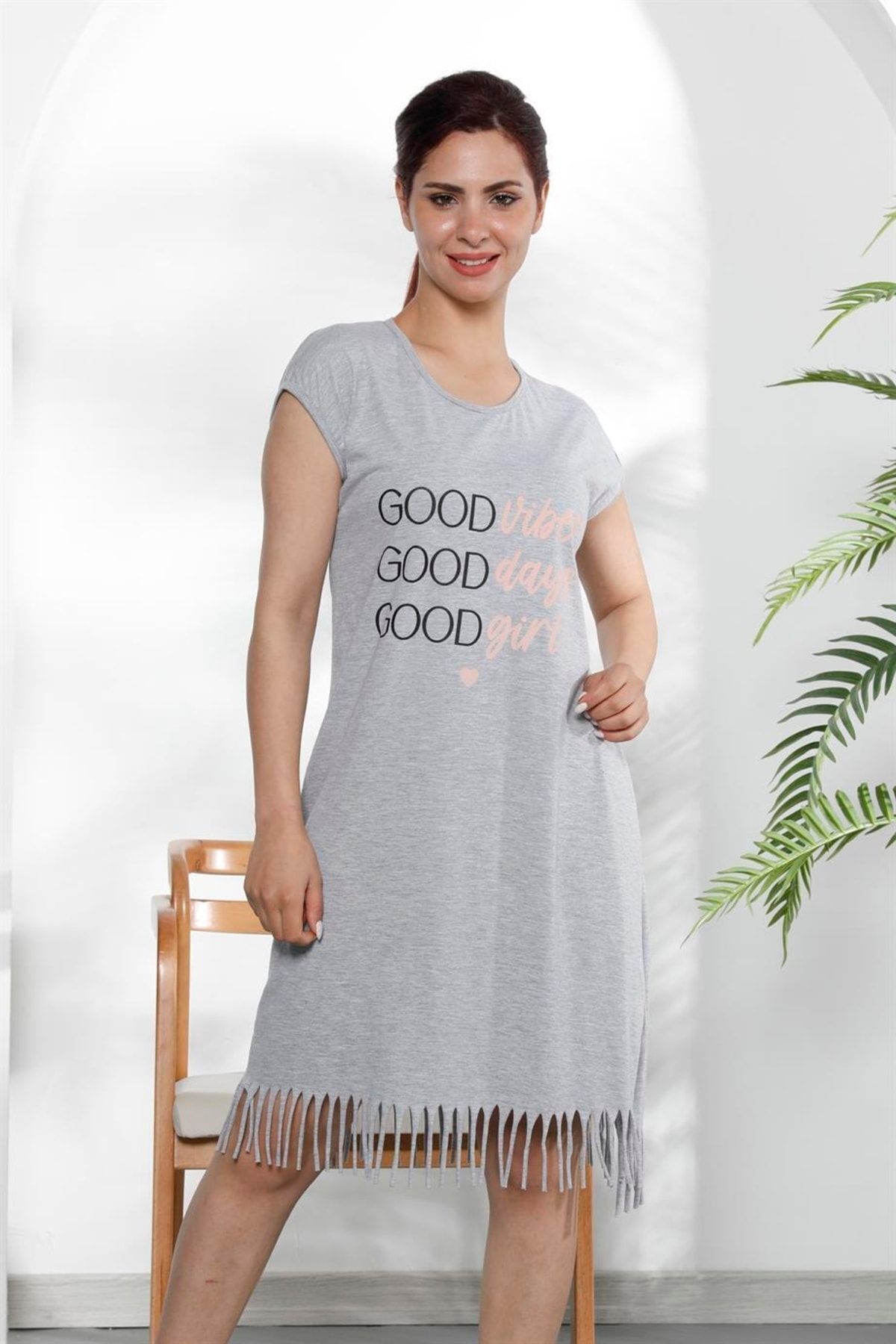 PIJAMASSTORE Good Vıbes Gri Renk Gecelik Elbise