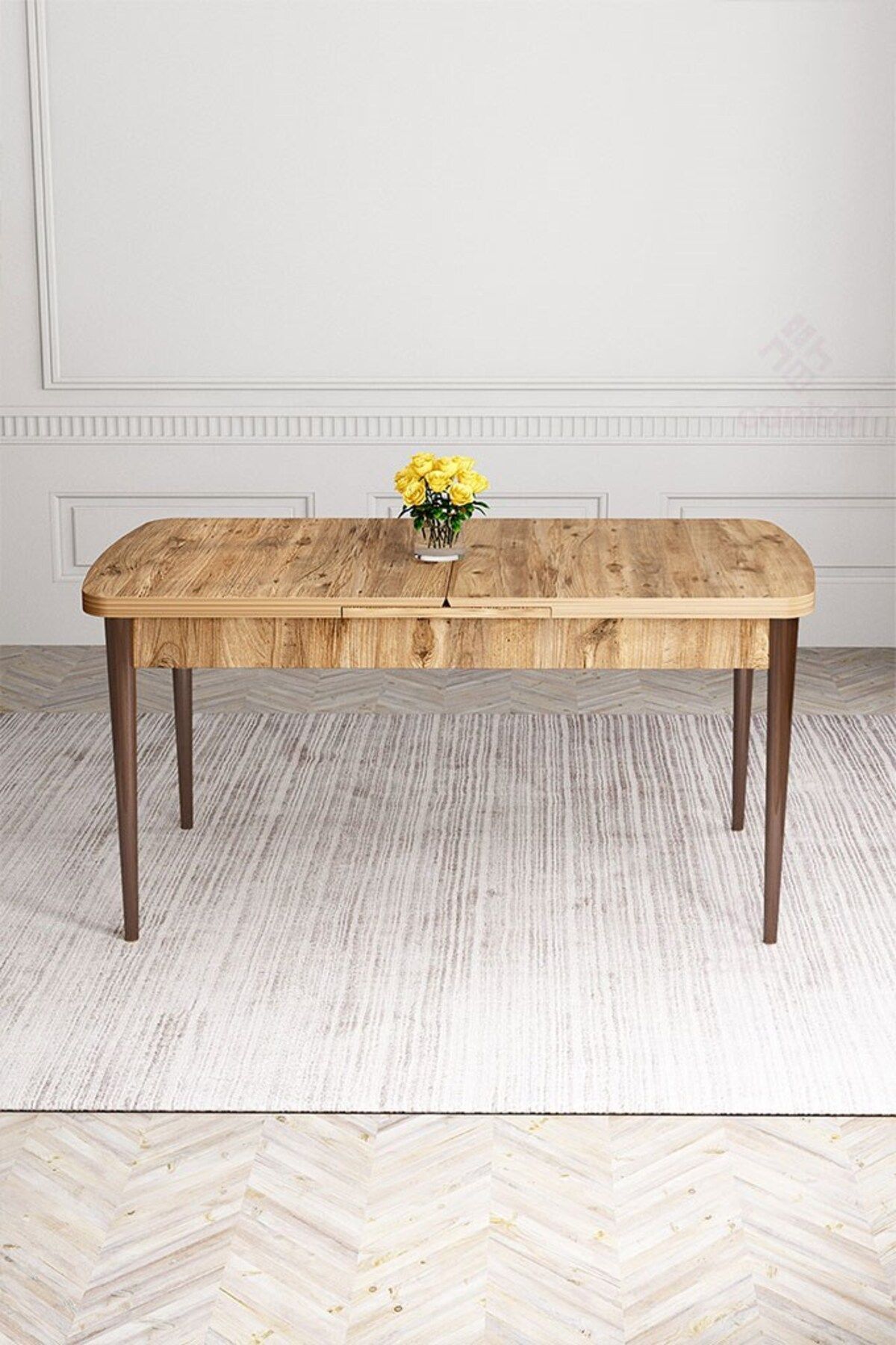 Atlantic Pine 80x132 Wooden Leg Dining Table with Openable Walnut Varnish