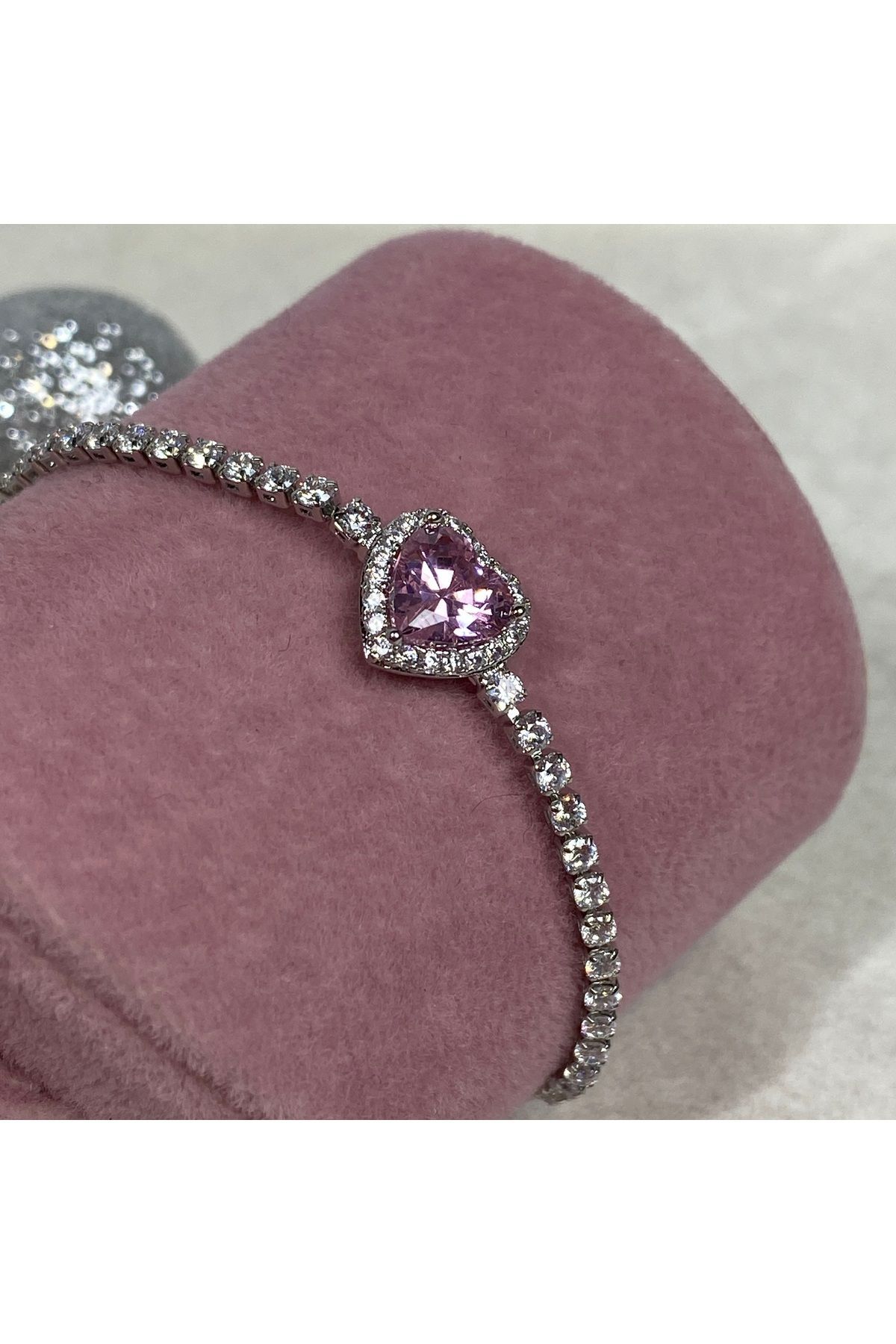 Gümüş Kalp Temalı Kolye Yüzük Bileklik Küpe Set , Özel Tasarım Pembe Kalp İşlemeli  Gümüş Set 6