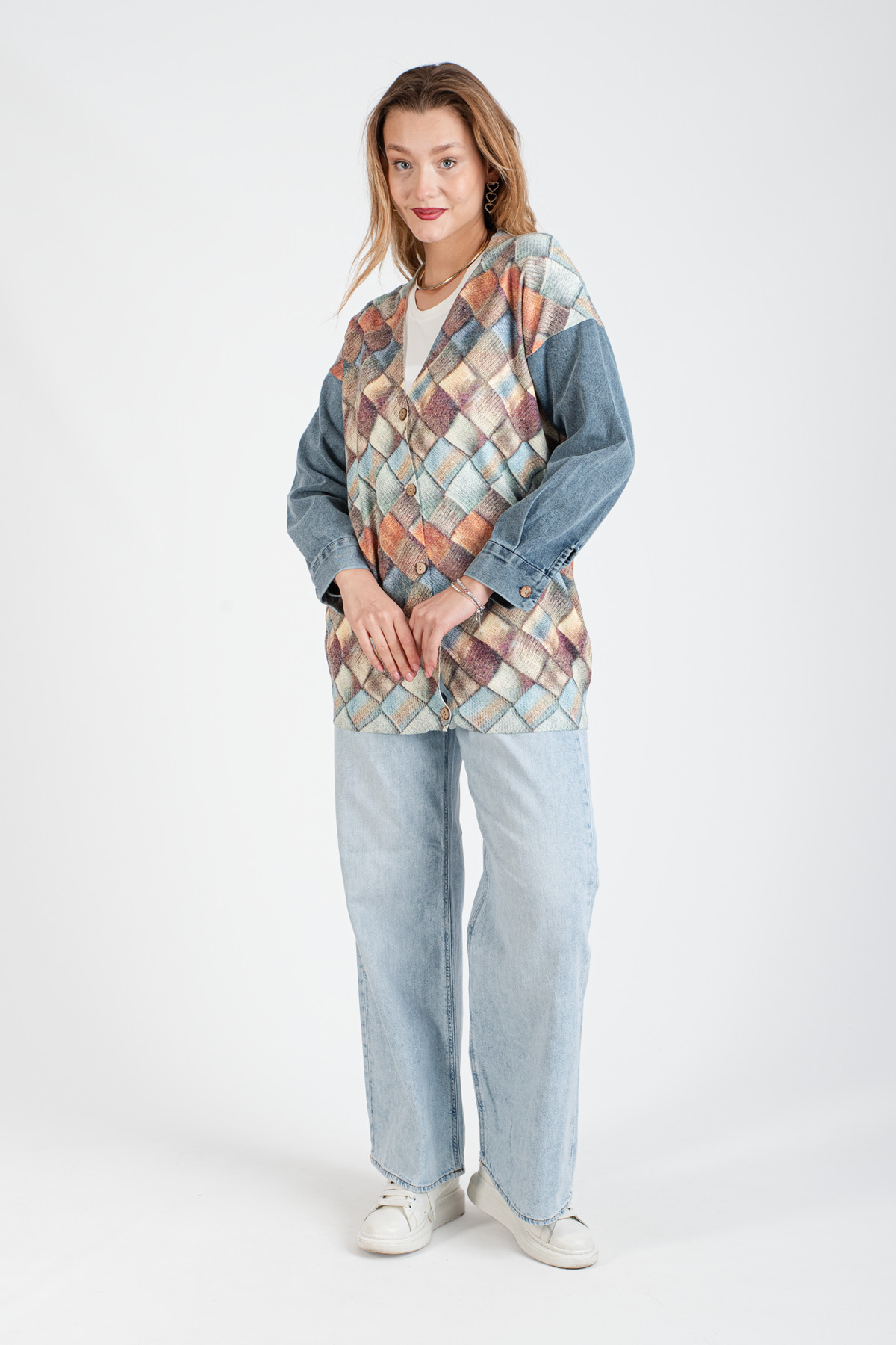 HatunAtila Sleeve Denim Detailed Patterned Long Knitwear Cardigan - 1180-7