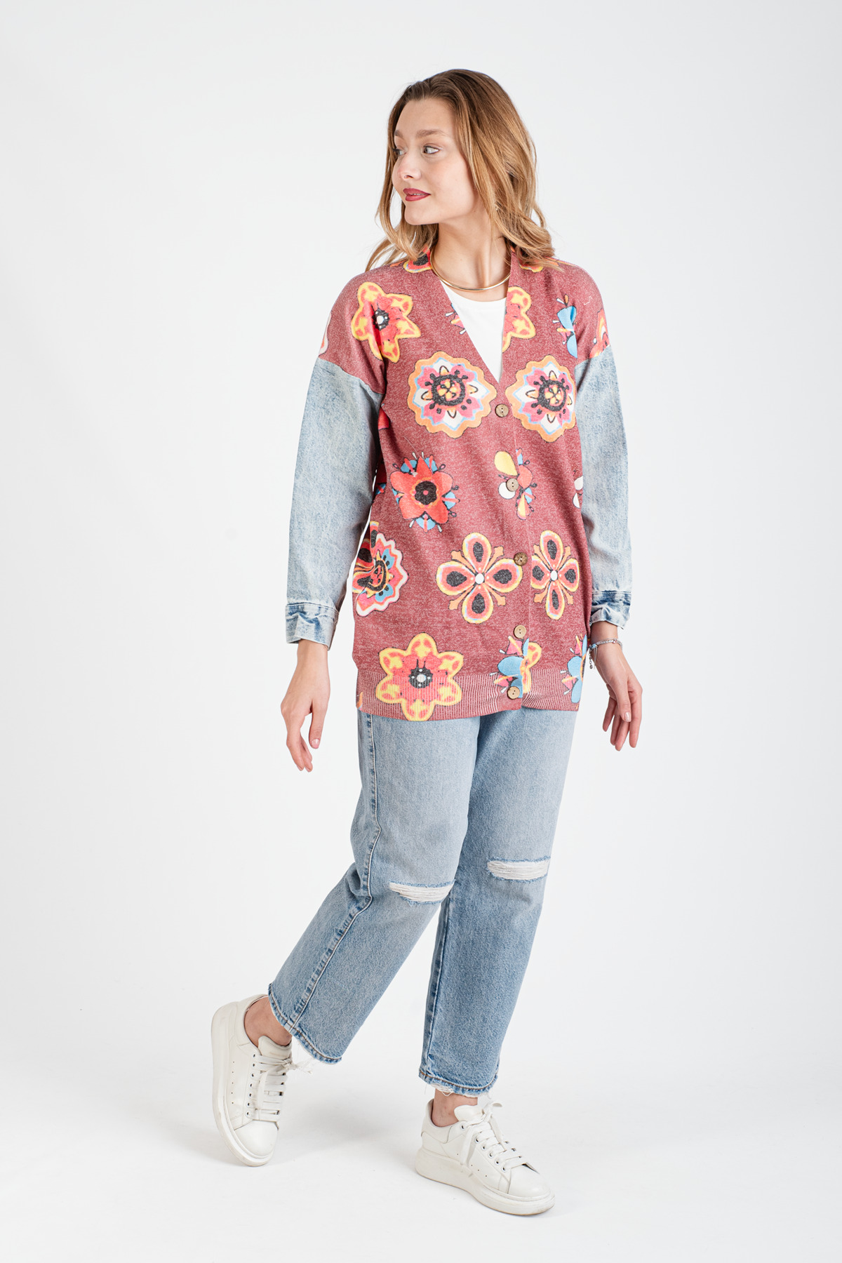 HatunAtila Sleeve Denim Detailed Patterned Long Knitwear Cardigan - 1180-8