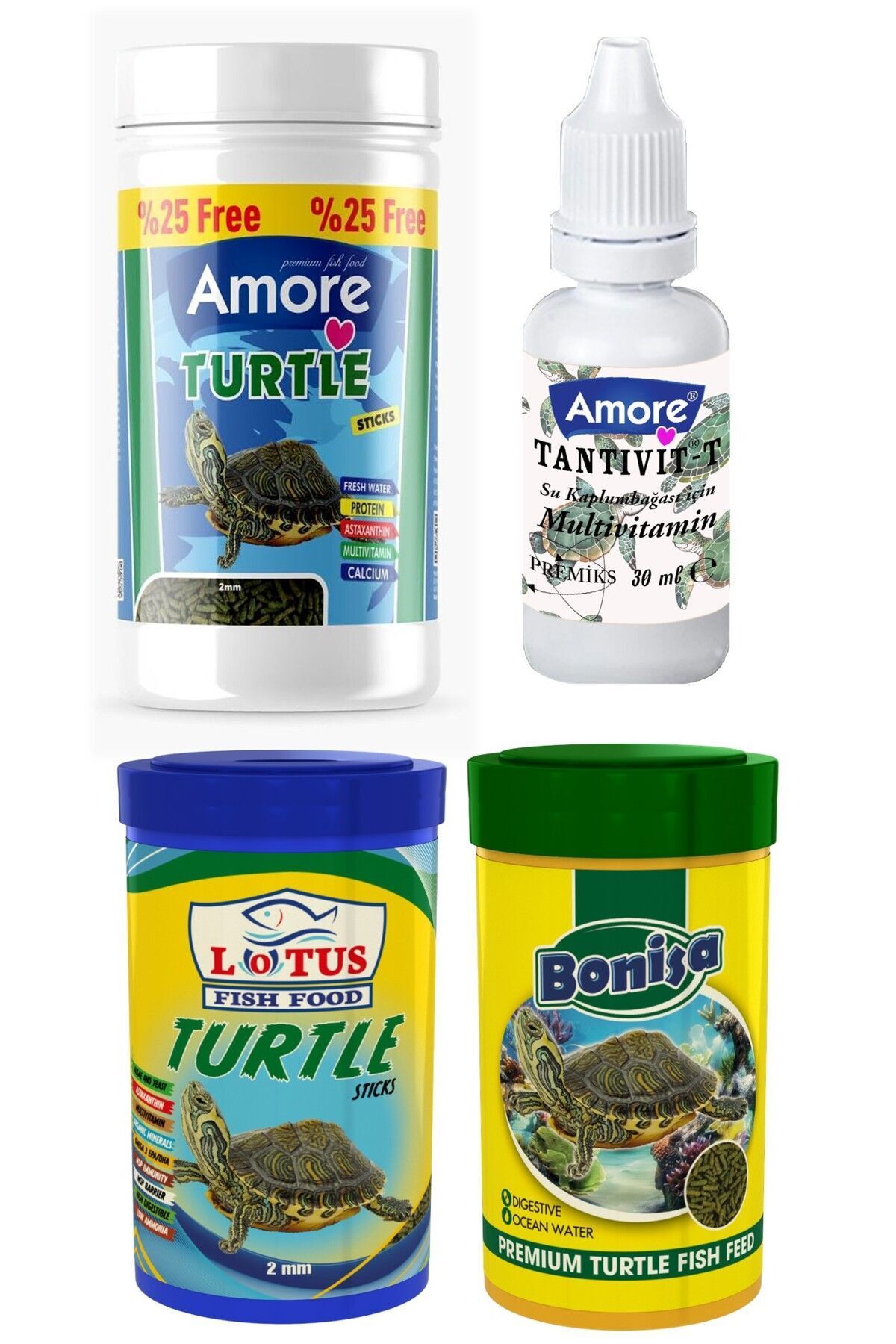 AMORE Turtle Food Sticks 125ml, Bonisa 100ml, Lotus 100ml Su Kaplumbağası Yüzen Yemi, Multivitamin
