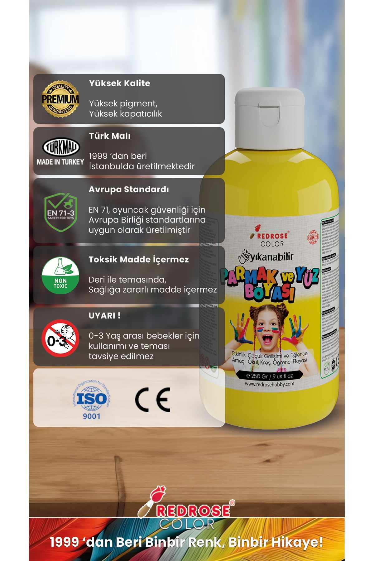 رنگ انگشتی زرد 250گرمی قابل شستشو، دارای گواهی EN-71، بدون مواد سمی، مناسب برای کودکان در مهدکودک و مدرسه