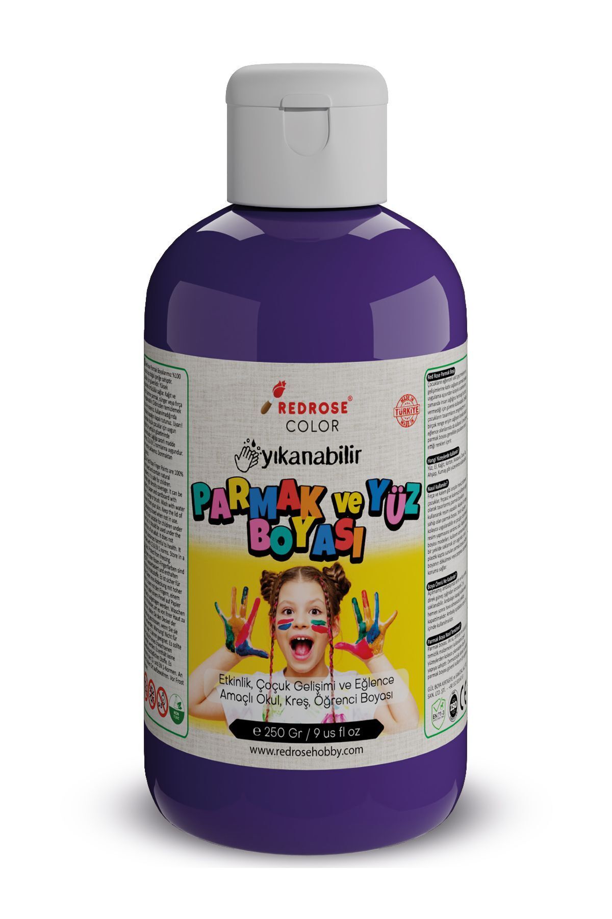 Red Rose Mor Parmak Boyası 250gr Yıkanabilir, EN-71 Sertifikalı, Toksik İçermez, Çocuk Okul Kreş İçin