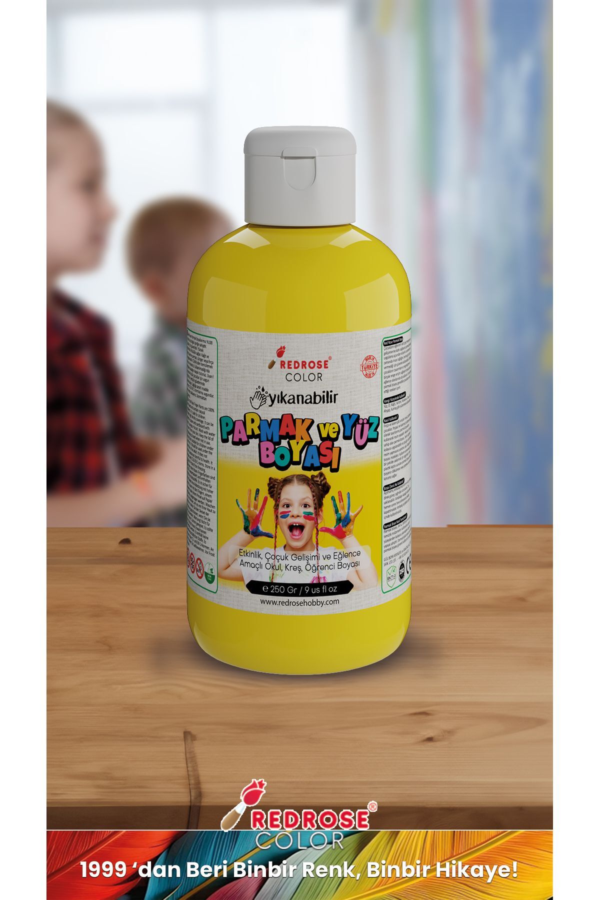 رنگ انگشتی زرد 250گرمی قابل شستشو، دارای گواهی EN-71، بدون مواد سمی، مناسب برای کودکان در مهدکودک و مدرسه