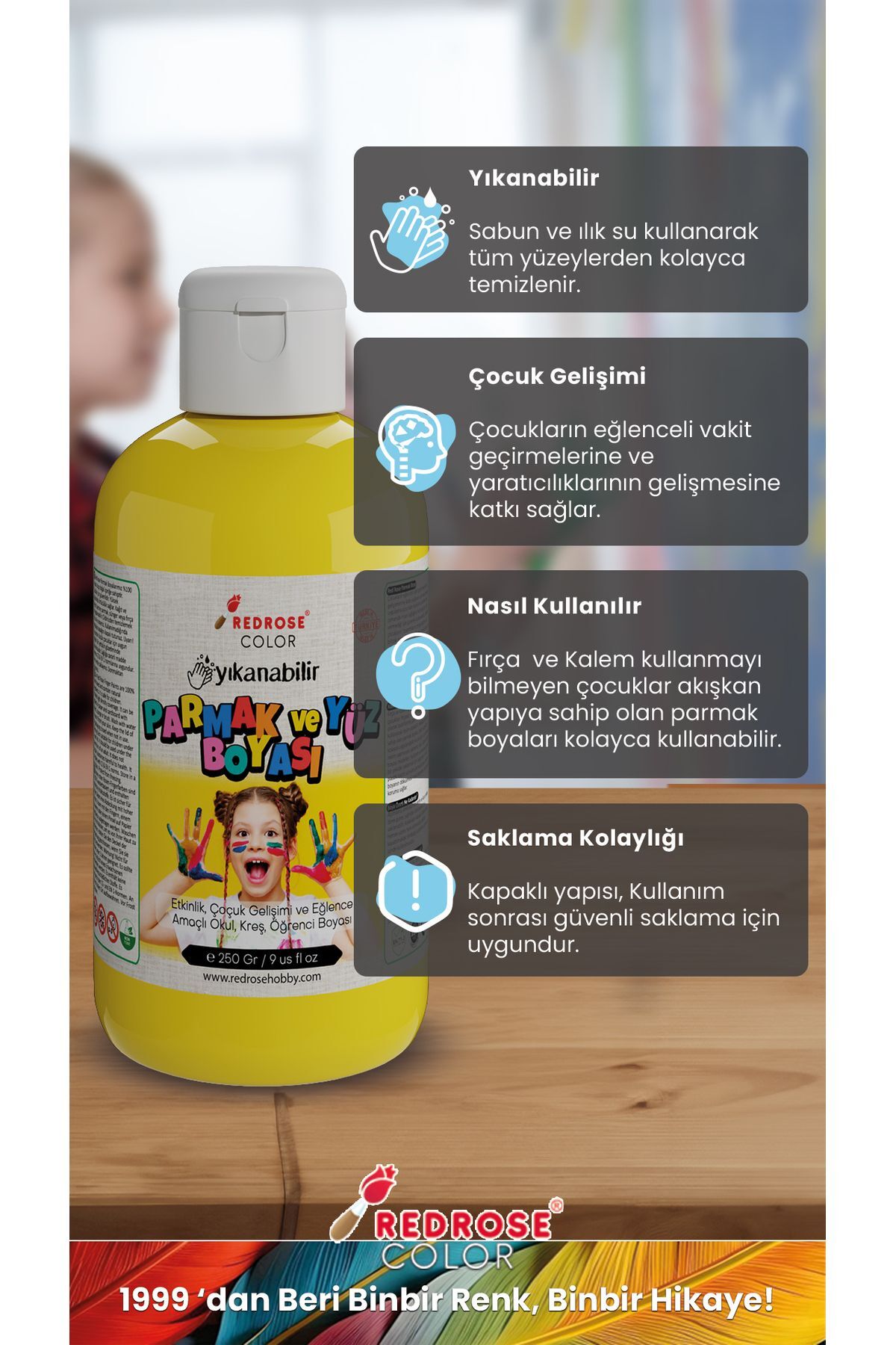 رنگ انگشتی زرد 250گرمی قابل شستشو، دارای گواهی EN-71، بدون مواد سمی، مناسب برای کودکان در مهدکودک و مدرسه