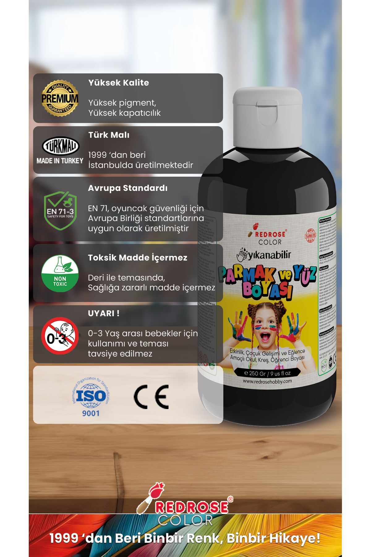 رنگ انگشتی مشکی 250 گرم قابل شستشو، دارای گواهی EN-71، بدون مواد سمی، مناسب برای کودکان و مهد کودک