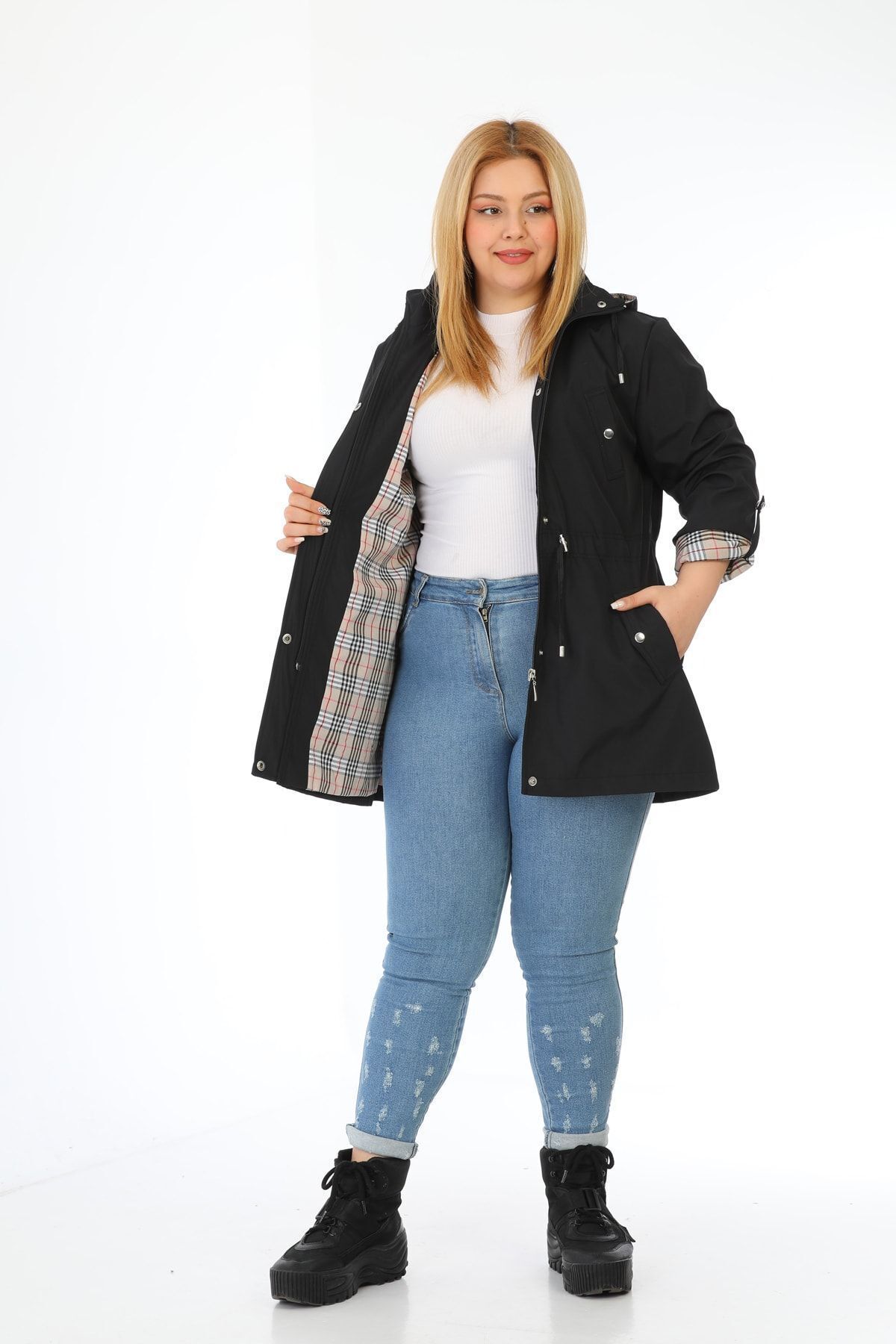 TUTveAL Collection Kadın Suya Dayanıklı Büyük Beden Trençkot Kapüşonlu Ekoseli Siyah Trençkot Bonded Kumaş Trençkot