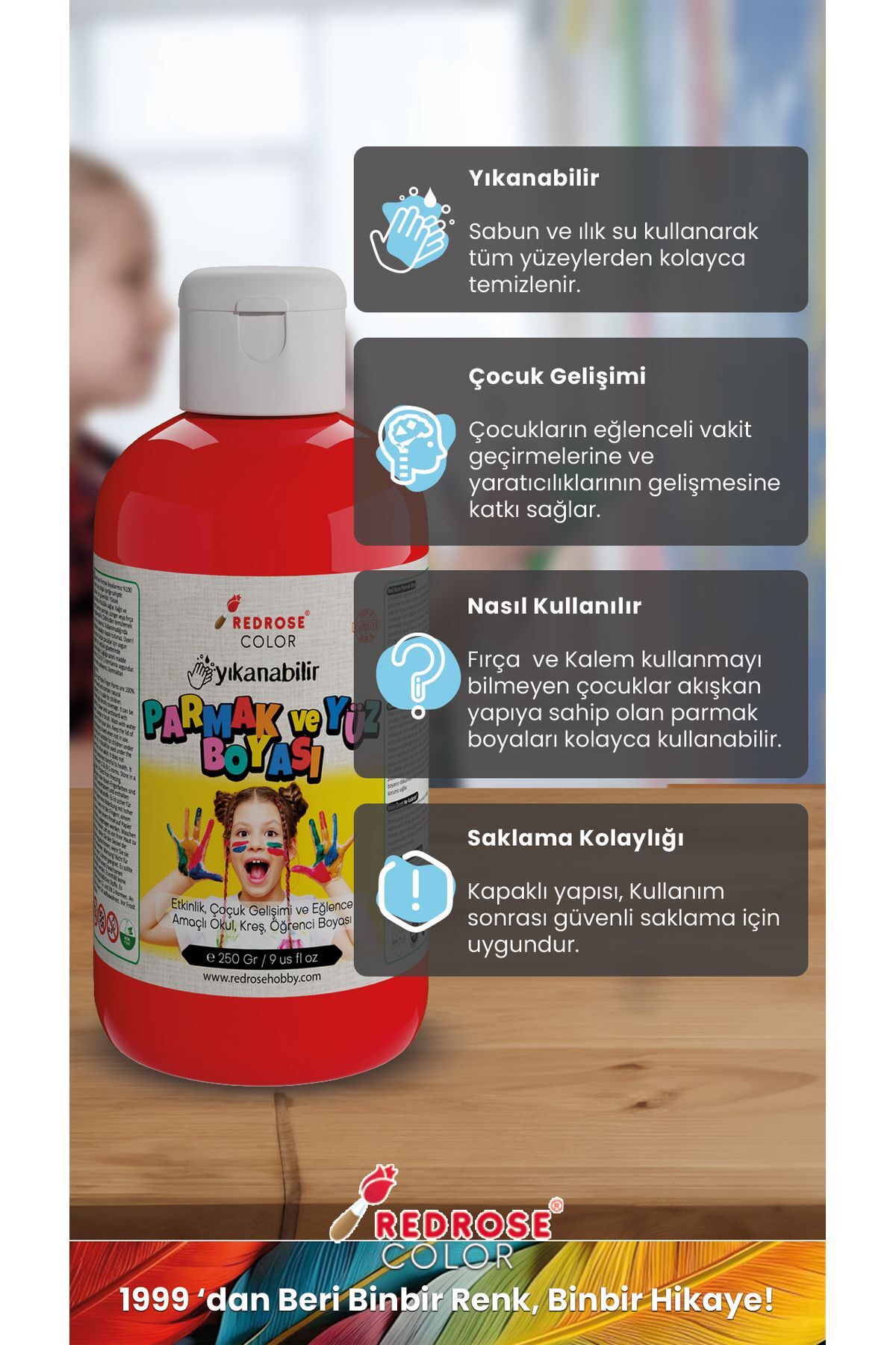 رنگ انگشتی قرمز 250 گرم قابل شستشو، دارای گواهی EN-71، غیرسمی، مناسب برای کودکان و مهدکودک