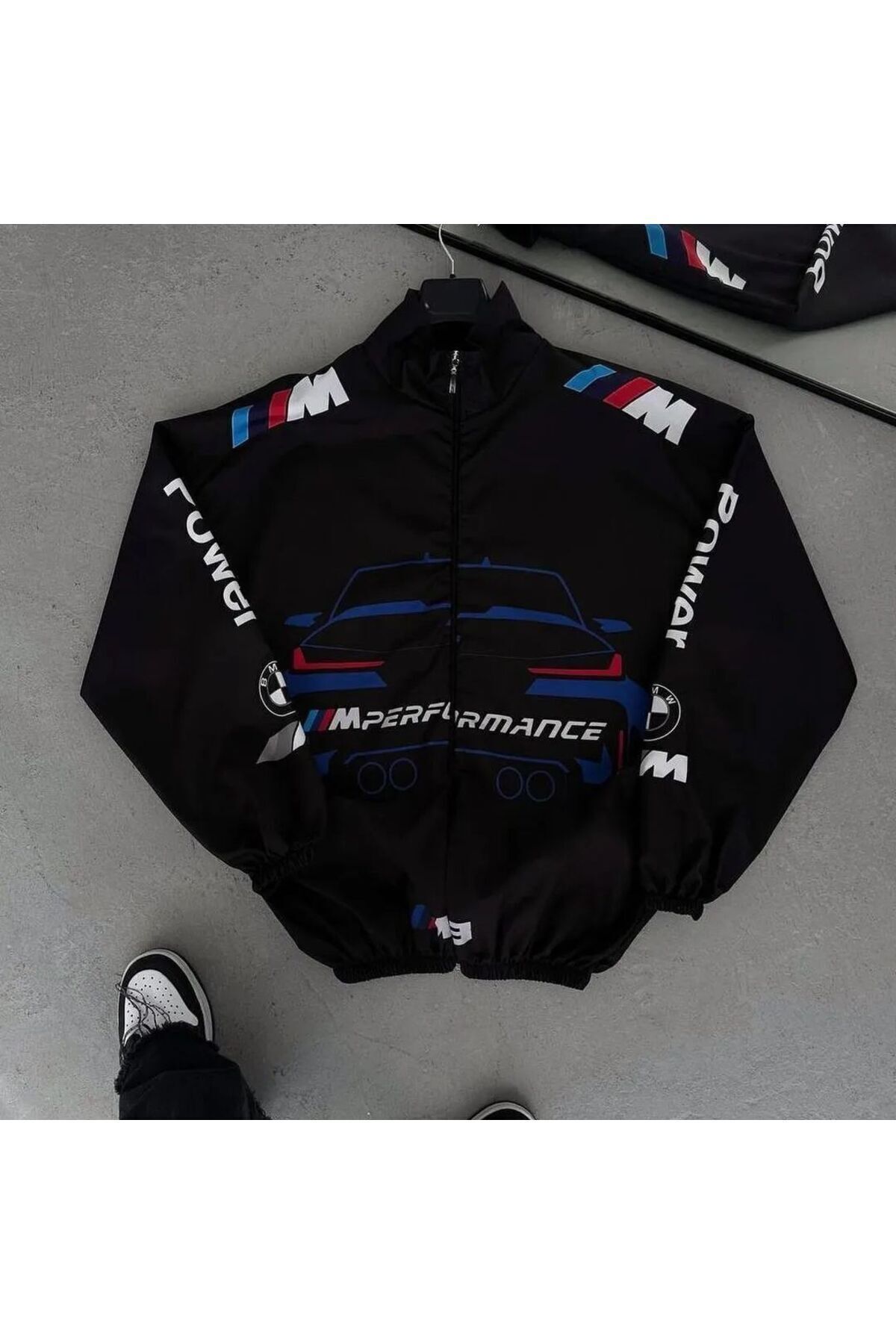 Genel Markalar Bmw  Unisex Paraşüt Kumaş Oversize Dijital Baskılı Siyah Rüzgarlık Yağmurluk