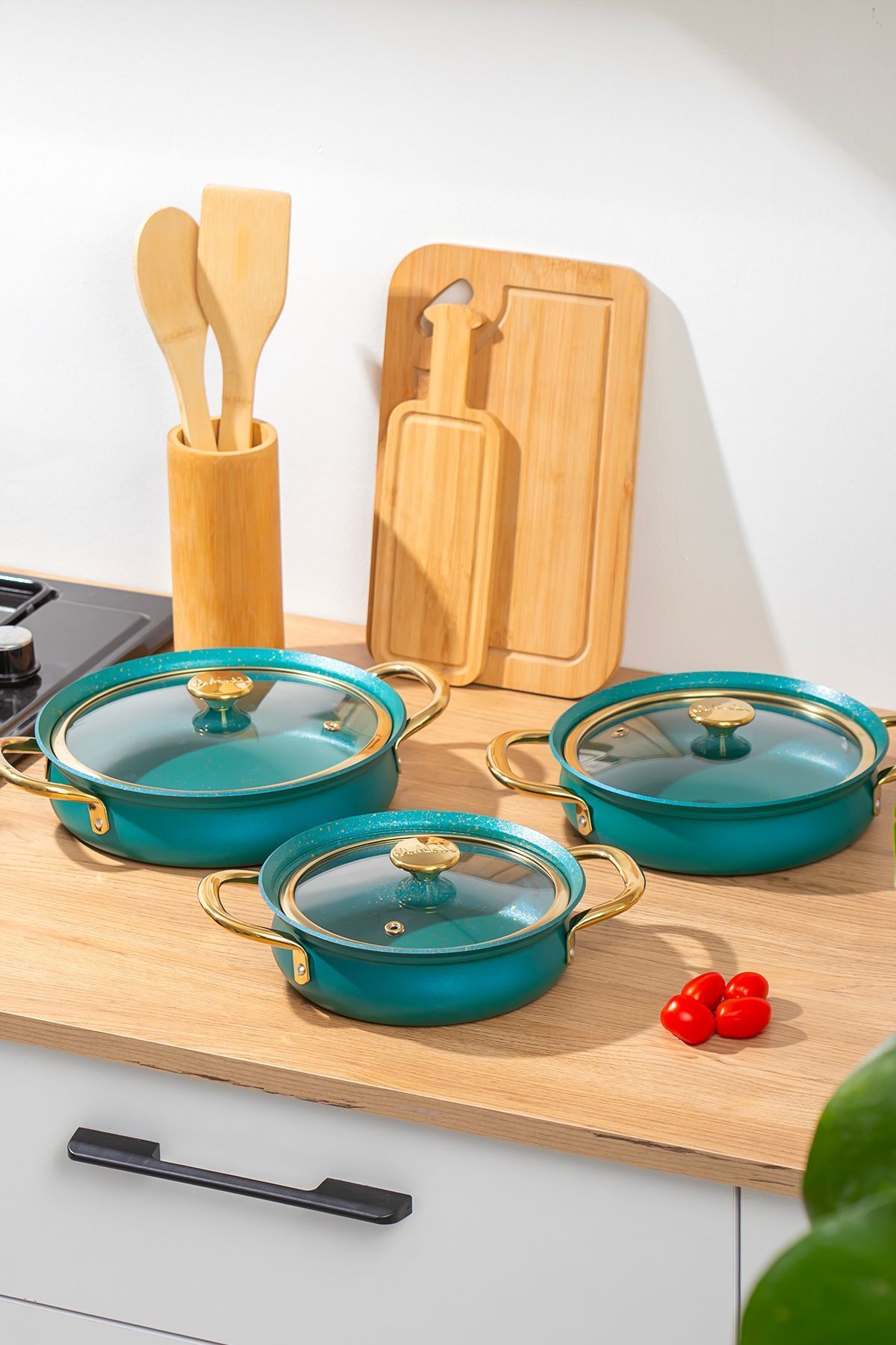 OMS-3724 Copper Stew and Sauce Set - Set of 3 with Fireproof and Non-Stick Granite Glass Lid 2