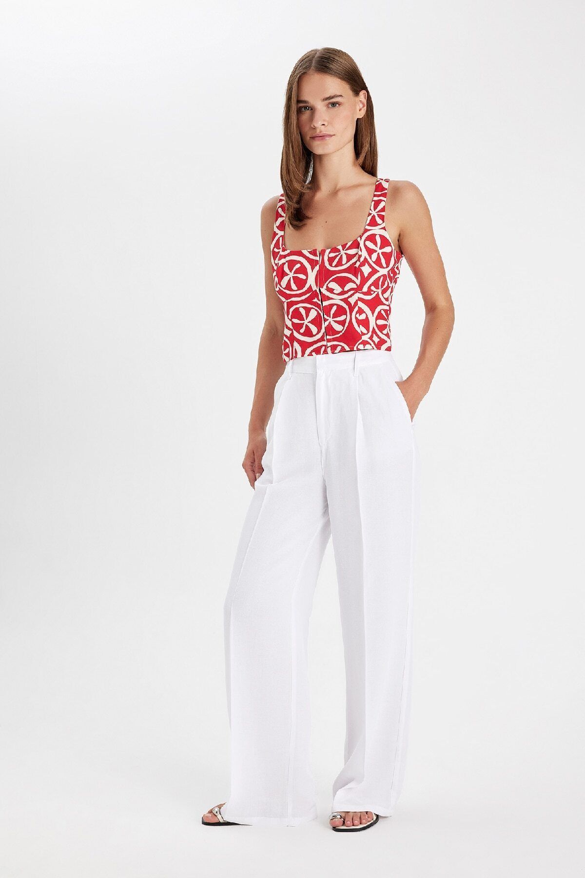 DeFacto-High Waist Pocket Wide Leg Pleated Linen Trousers - Straight Tall 1