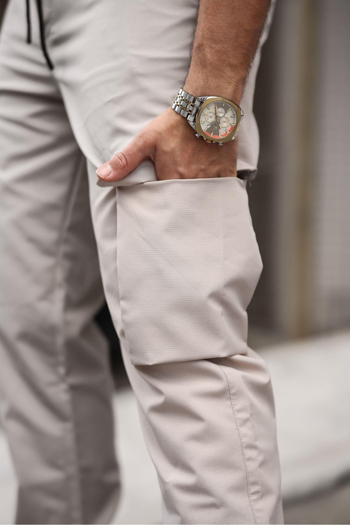 Domoda-Beige Elastic Waist Cargo Pocket Stretchy Laminated Parachute Fabric Men's Cargo Pants 4