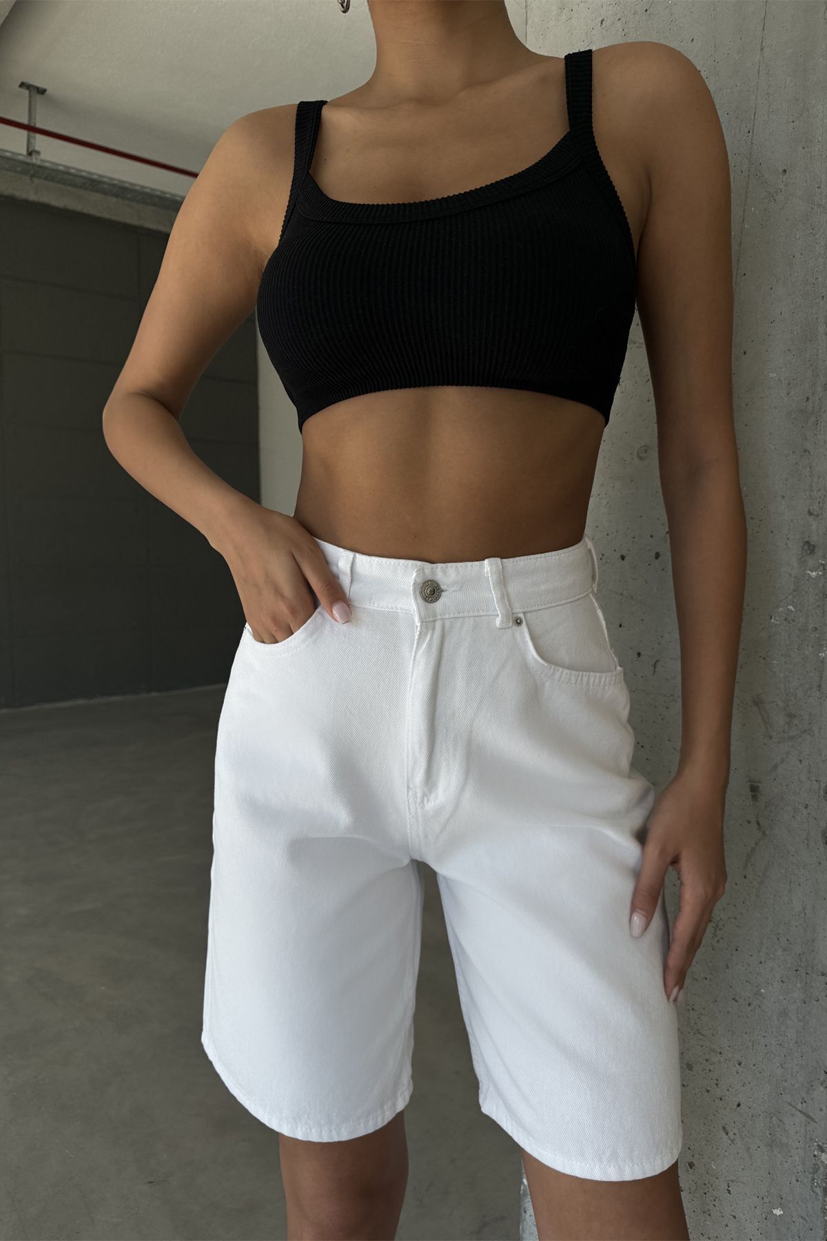 Maule-Pantaloni scurți din denim alb cu talie înaltă, cu 5 buzunare - 100% bumbac Gabardine @udine 2