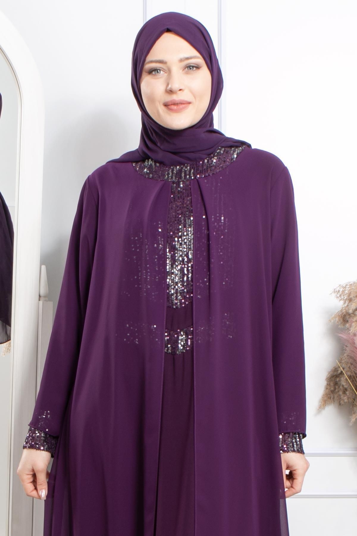 DENİMİNİ-Rochie de seara musulmana cu paiete cu paiete marime mari - Prune DNM2305 4