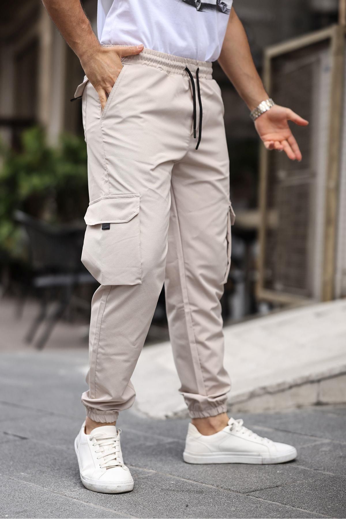 Domoda-Beige Elastic Waist Cargo Pocket Stretchy Laminated Parachute Fabric Men's Cargo Pants 2