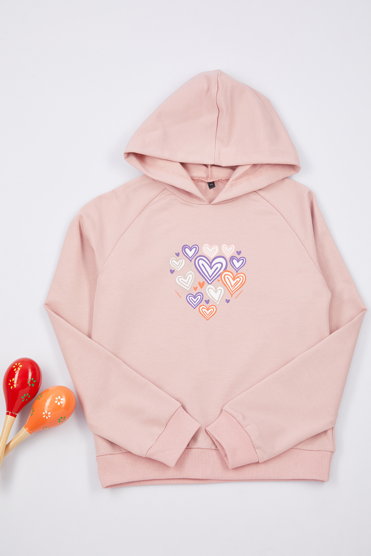 Trendyolmilla  Gül Kurusu Kız Çocuk Kalp Desenli Kapüşonlu Örme Sweatshirt TKDAW25SW00040