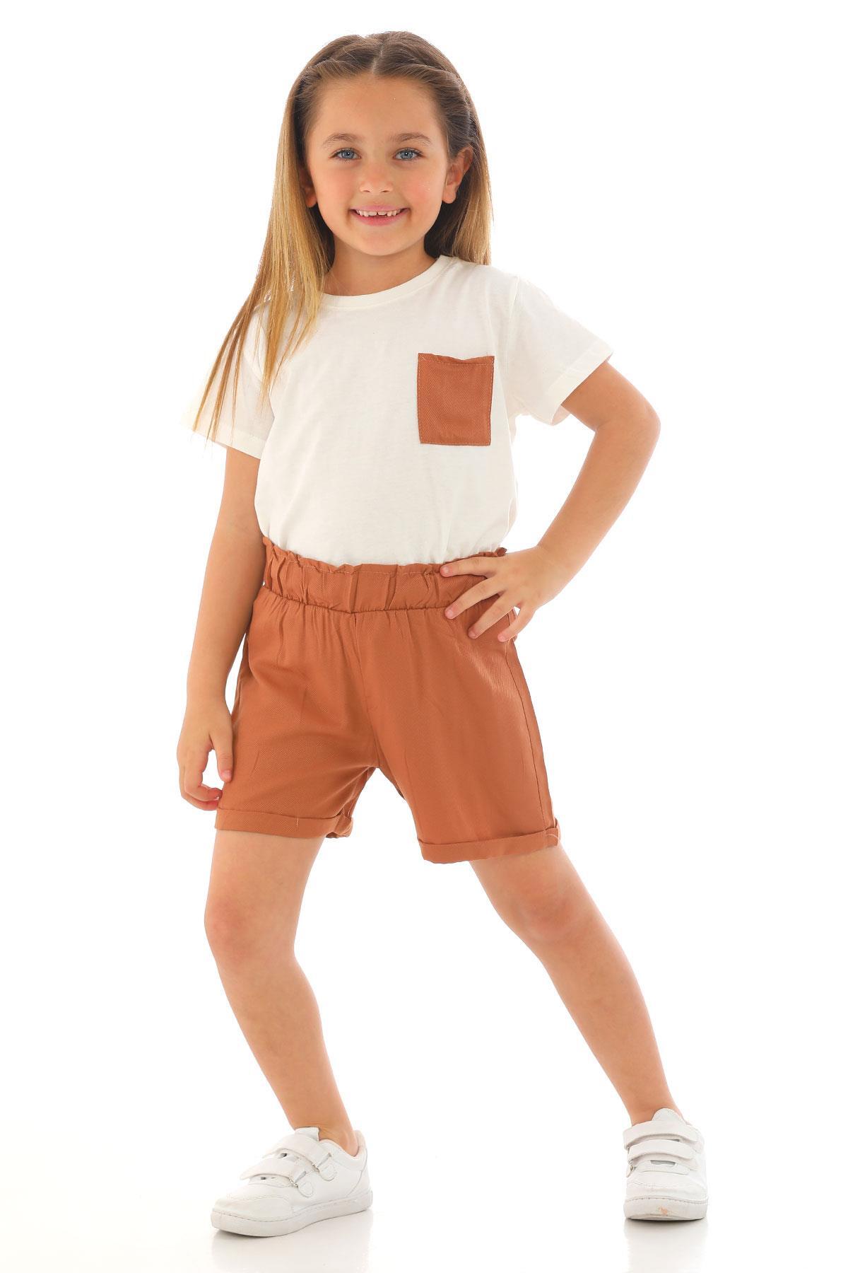 Crew Neck Short Sleeve Front Pocket Detailed Ecru Brown Color Girls Shorts Set