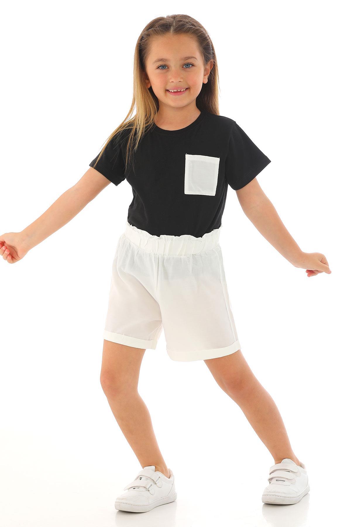 Crew Neck Short Sleeve Front Pocket Detailed Black White Color Girls Shorts Set