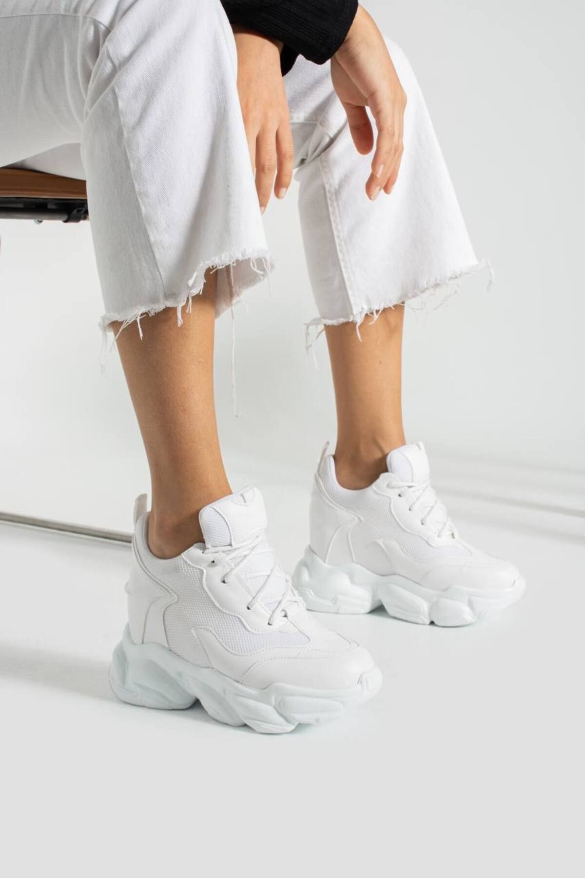 TREND-White Women's Sneakers with Wedge Heels 3