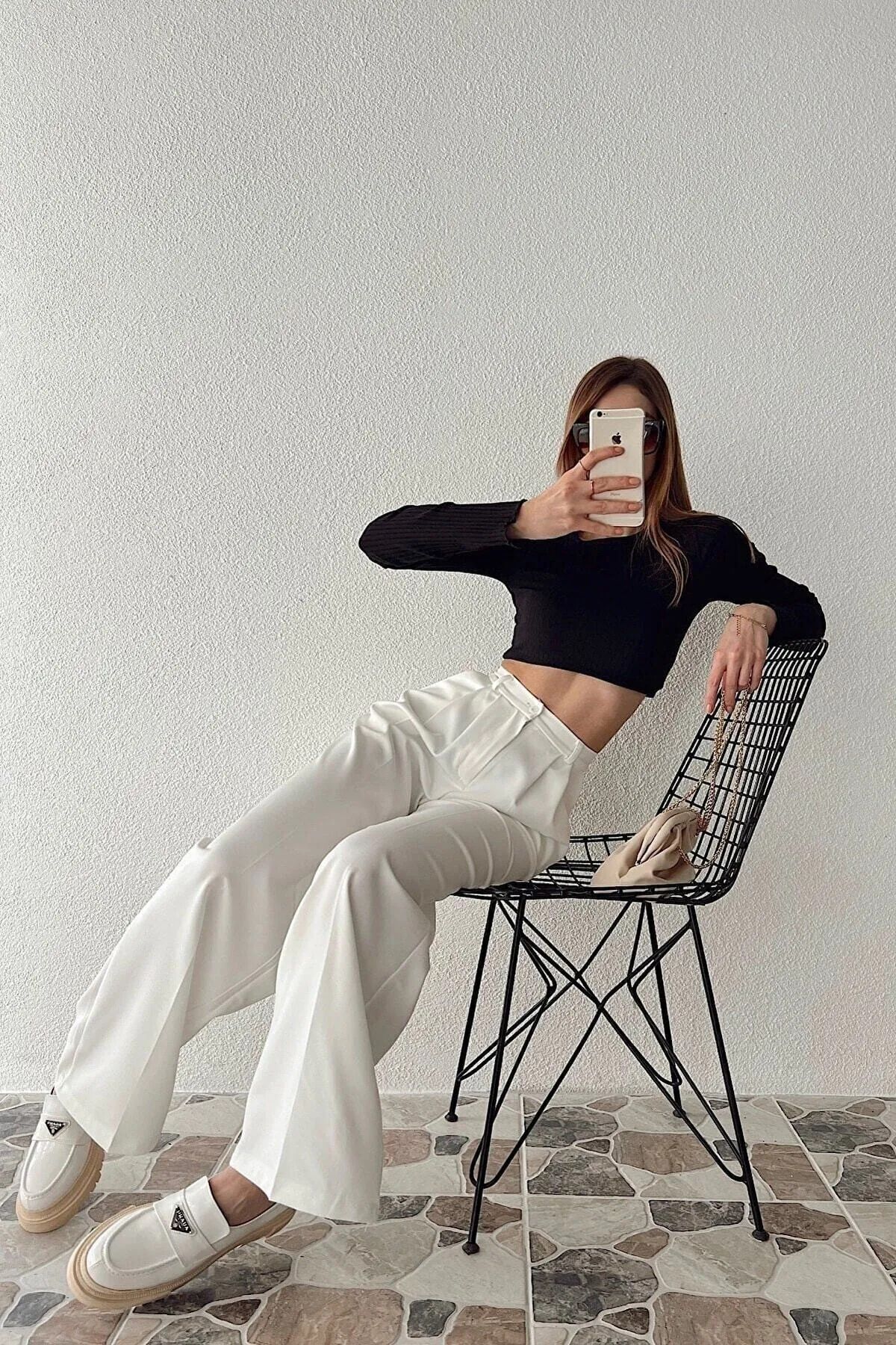 Miss Ariena-Weiße, plissierte Komfort-Palazzo-Hose mit hoher Taille für Damen 3