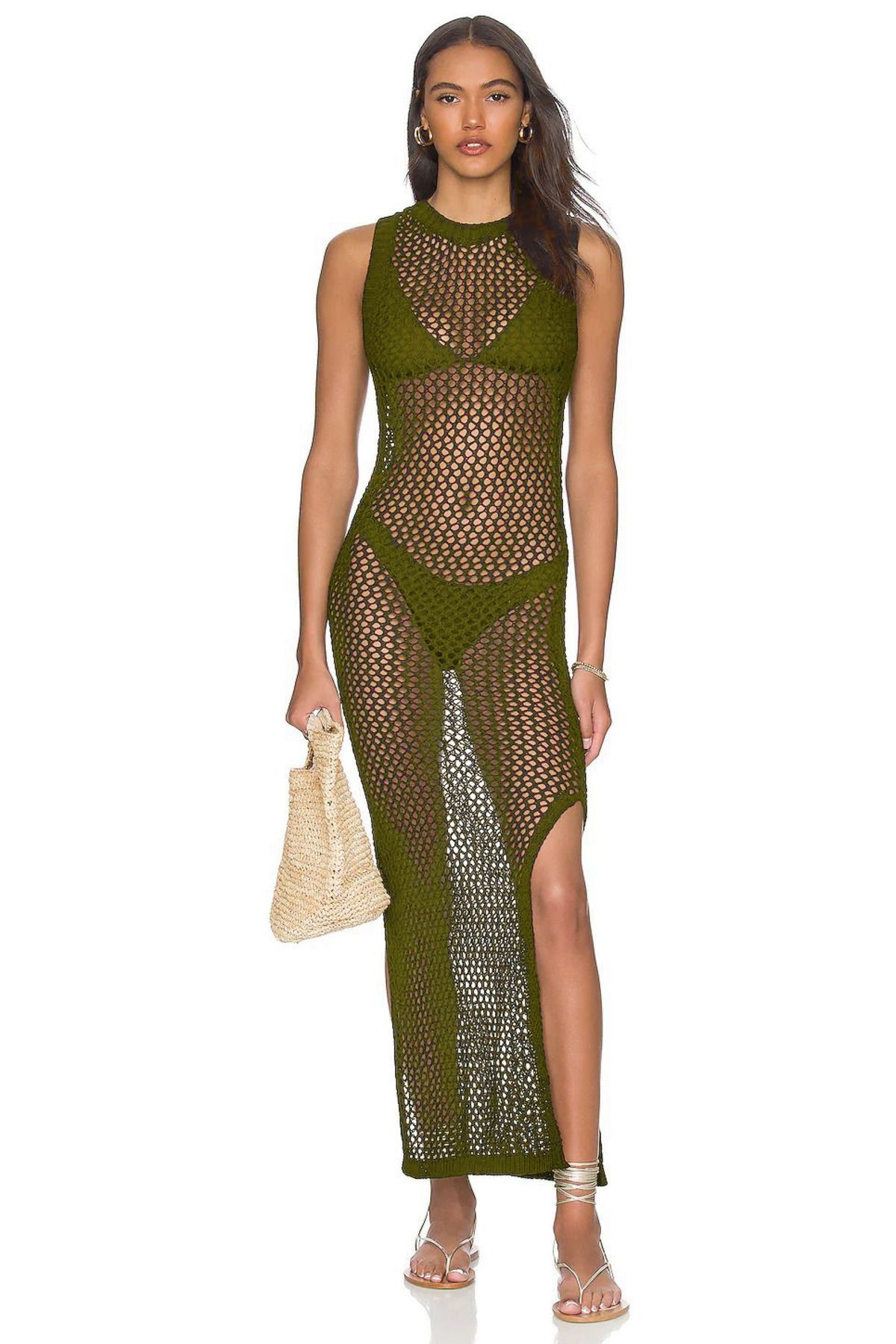 Women's Crew Neck Long Khaki Beach Dress with Rope Strap Sleeveless Slit Mesh Back Neckline