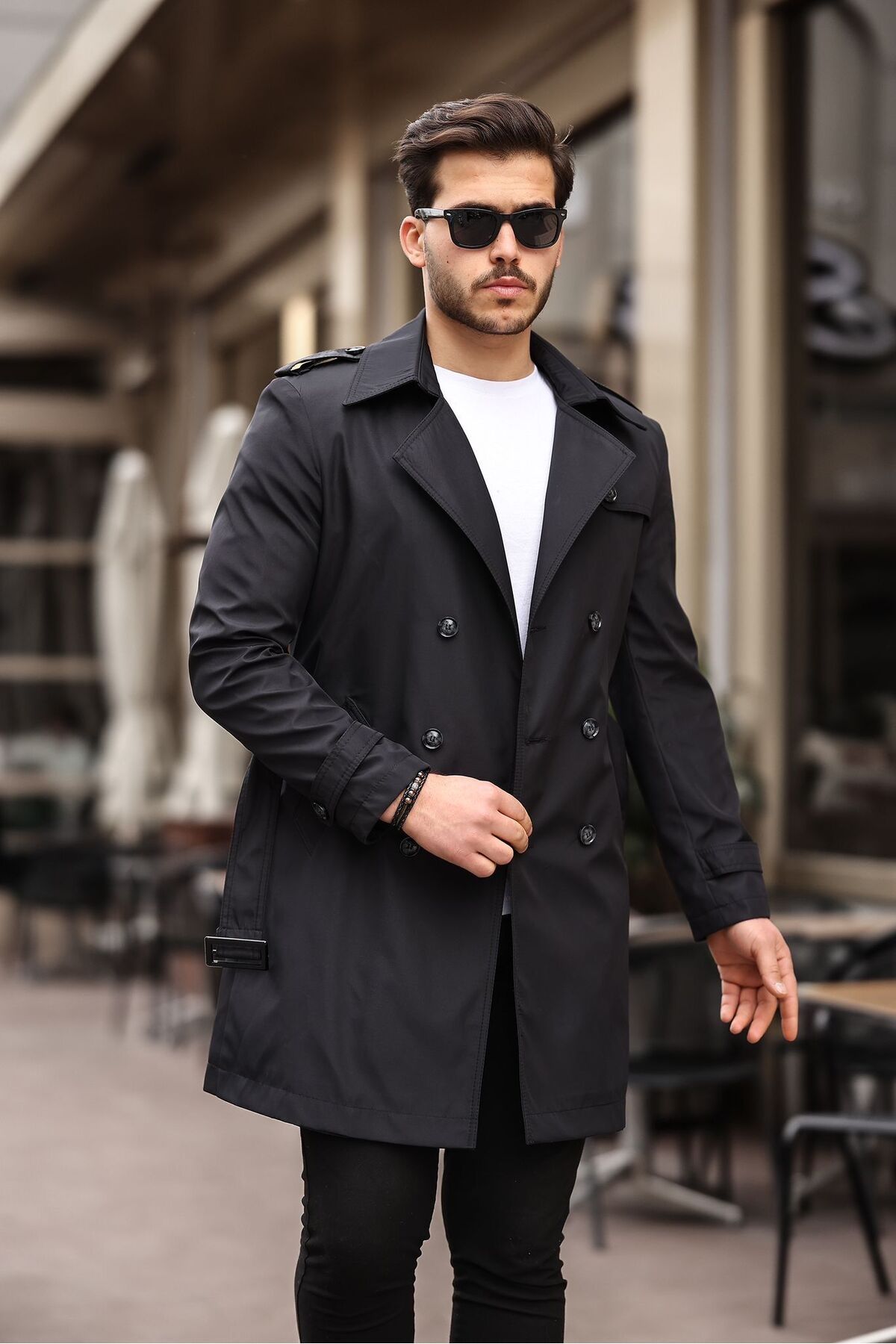 MEECY-Schwarzer Trenchcoat für Herren – mit Gürtel, wasser- und winddicht, Übermantel 2
