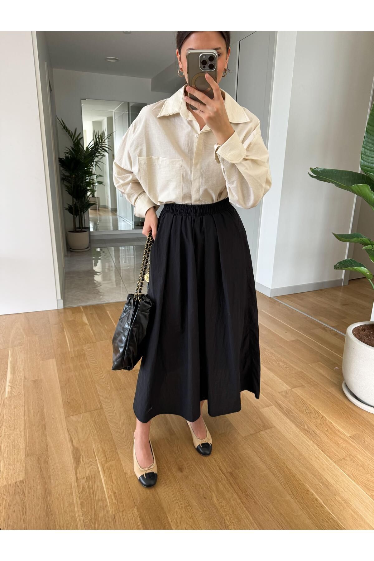 MERVE AKSOY-Black Poplin Midi Skirt - Elastic Waist 3