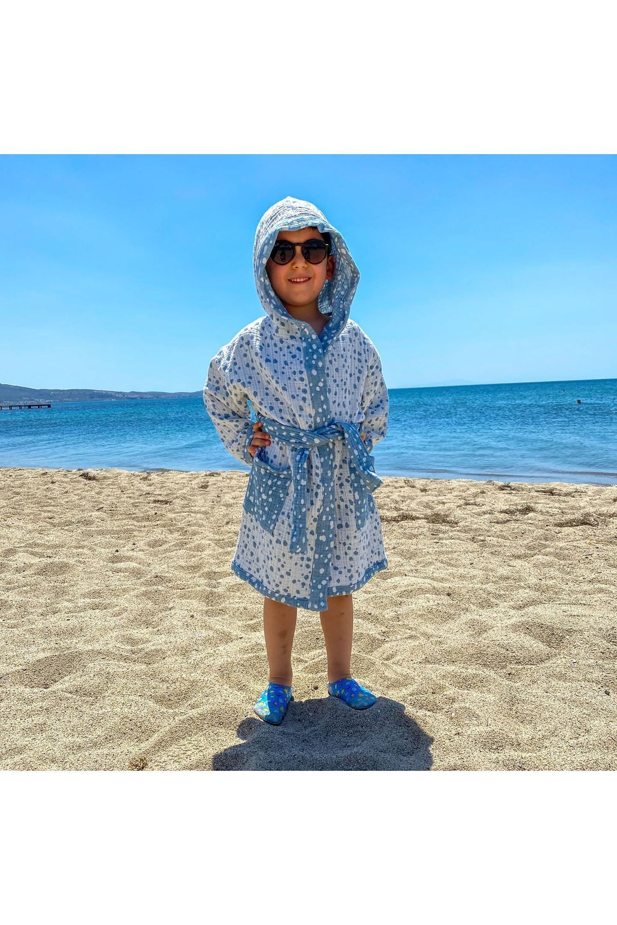 4 Ply Muslin Bathrobe 2-5 Years Kids Double Sided Stone Pattern Blue